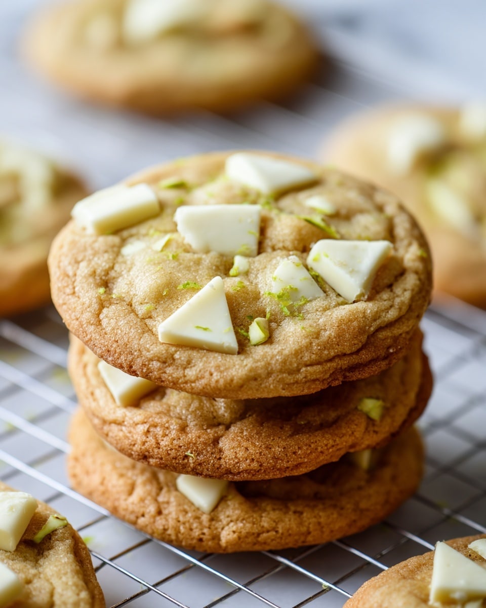 Two soft, round cookies stacked on top of each other, each cookie a light golden brown with a slightly cracked surface. The cookies have chunks of creamy white chocolate and small pieces of bright green candied fruit spread on the top layer, giving a fresh and sweet contrast. The texture looks soft and chewy with some powdered sugar dusting around the cookies. The cookies rest on a white marbled textured surface with more cookies and bits of green candied fruit blurred in the background. photo taken with an iphone --ar 4:5 --v 7