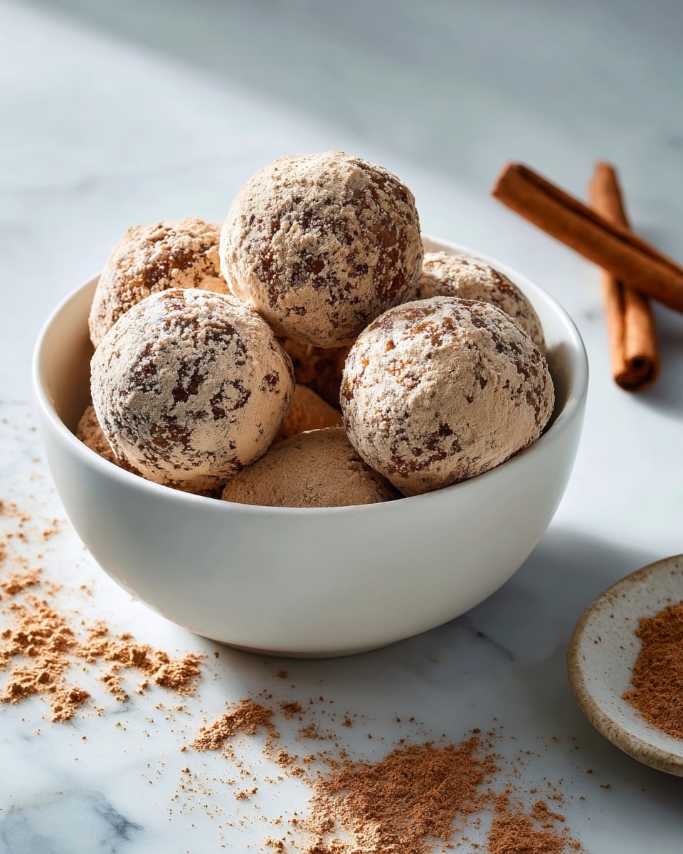 A white bowl filled with seven round, rough-textured balls covered in a light brown powder, suggesting a cocoa or cinnamon coating, with the sphere shapes showing slight cracks and uneven surfaces. The bowl sits on a white marbled surface, with two brown cinnamon sticks placed diagonally on the right side, adding a warm, natural tone to the setting. A small part of a round, white dish with some powder on it is visible near the bottom right, complementing the main bowl. The light gives a soft glow, highlighting the powdery texture on the balls. photo taken with an iphone --ar 4:5 --v 7