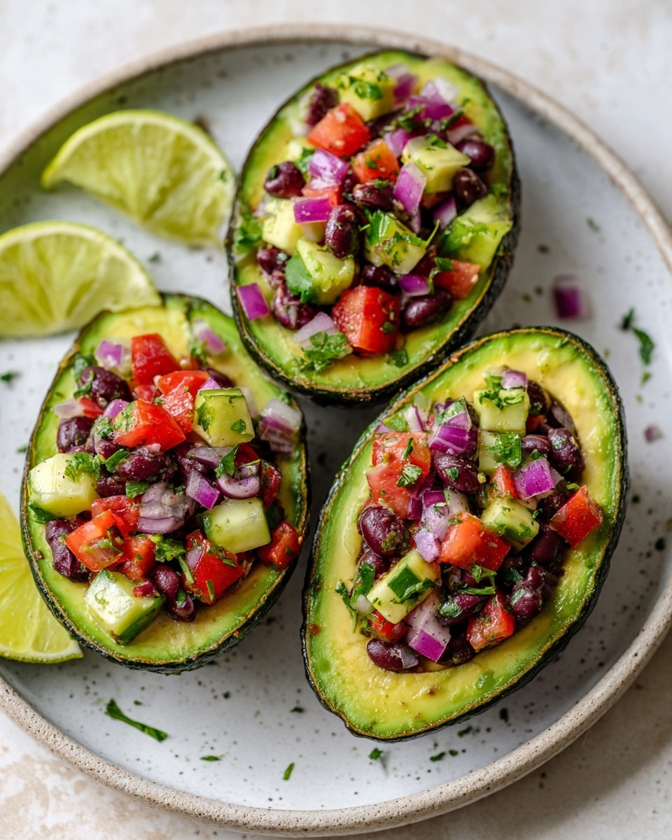 Three halved avocados are placed in a round white plate on a white marbled surface. Each avocado half is filled with a colorful mix of diced vegetables including red tomatoes, green cucumbers, purple onions, black beans, and small bits of light-colored corn, creating a vibrant and fresh look. Two lime wedges are set on the plate next to the avocados, adding a hint of bright green and a fresh touch to the scene. The photo taken with an iphone --ar 4:5 --v 7