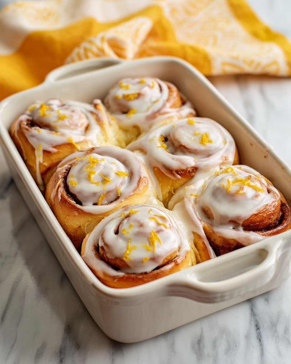 A white baking dish filled with nine golden brown cinnamon rolls arranged in three rows of three, each roll topped with a thick layer of shiny white icing that softly drapes over the sides. The rolls have a soft, fluffy texture with visible spirals of cinnamon filling inside. There are small bits of lemon zest sprinkled on top for a light yellow contrast. The dish rests on a white marbled surface with a soft, blurred background including two whole yellow lemons on the left. Photo taken with an iphone --ar 4:5 --v 7