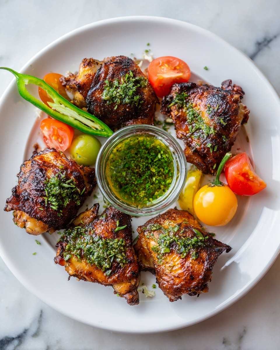 A round white plate on a white marbled surface holds five pieces of grilled chicken thighs, each with a crispy, dark golden-brown skin and small green herb sprinkles on top. In the middle of the plate is a small glass bowl filled with a green sauce that looks like it is made of chopped herbs and oil. Around the chicken pieces are small fresh tomatoes in yellow, light orange, and red colors, along with a sliced green chili and wedge of tomato, adding bright contrast. The chicken pieces are arranged in a circular pattern around the bowl, giving a balanced and colorful look. Photo taken with an iphone --ar 4:5 --v 7