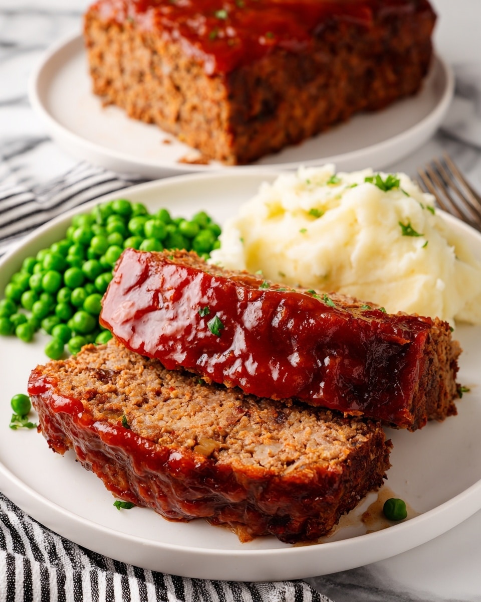 A white plate holds a thick slice of meatloaf and a piece cut from it, both showing a brown, textured inside mixed with small onion bits. The meatloaf is topped with a shiny, smooth reddish-brown glaze that looks sticky and slightly uneven. Around the meatloaf slice, there are bright green peas on the right side and creamy mashed potatoes in pale yellow on the left. The plate sits on a white marbled surface with a black and white striped cloth partially visible. photo taken with an iphone --ar 4:5 --v 7