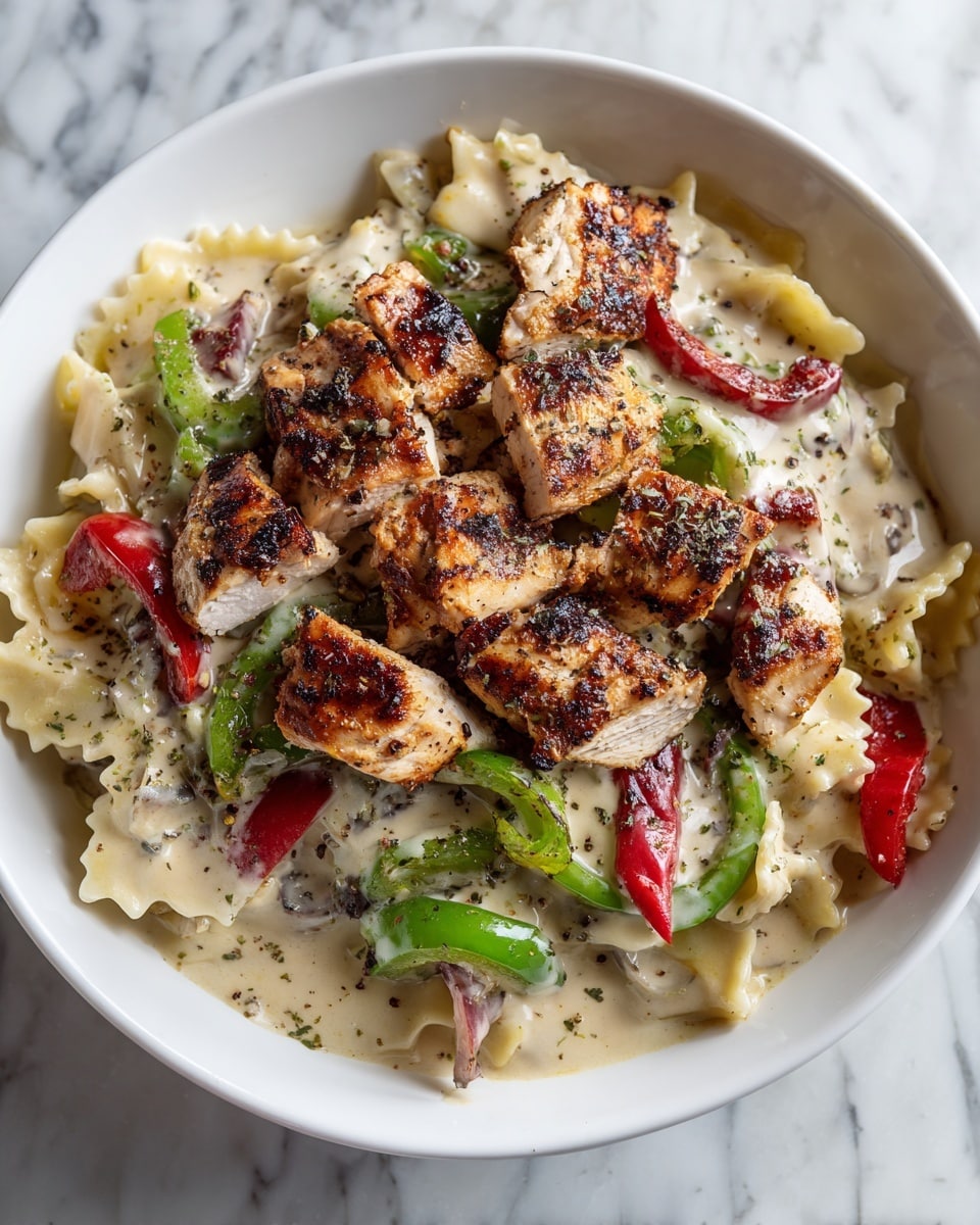 The image shows a close-up of a creamy pasta dish served in a white bowl on a white marbled surface. The pasta is coated in a light creamy sauce with visible pieces of grilled chicken on top, browned with spices and herbs. Colorful strips of red and green peppers are scattered throughout the dish, adding fresh contrast against the creamy sauce. Small sprigs of herbs are placed on top for decoration, and a woman's hand holds the edge of the bowl from the side. The textures of the tender chicken, smooth sauce, and slightly firm pasta are all clear. Photo taken with an iphone --ar 4:5 --v 7