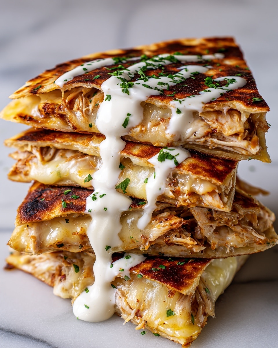 A close-up of a stack of four golden-brown quesadilla triangles with slightly crispy edges, each filled with melted white cheese and shredded chicken. The cheese is stretching and dripping down between the layers, showing a creamy texture. The top triangle is sprinkled with small bits of green herbs. The background is a white marbled texture. Photo taken with an iphone --ar 4:5 --v 7