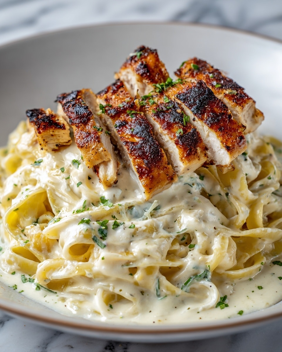 A close-up view of a dish with three pieces of grilled chicken on top of creamy fettuccine pasta. The chicken pieces have a golden-brown, slightly crispy texture with dark grill marks and small green herb bits sprinkled on top. The fettuccine noodles are thick, coated in a smooth, rich cream sauce with small black pepper flakes and chopped green herbs spread throughout. The creamy sauce has a pale, off-white color, creating a contrast with the browned chicken and bright green herbs. The entire dish is set on a white plate against a white marbled surface. Photo taken with an iphone --ar 4:5 --v 7