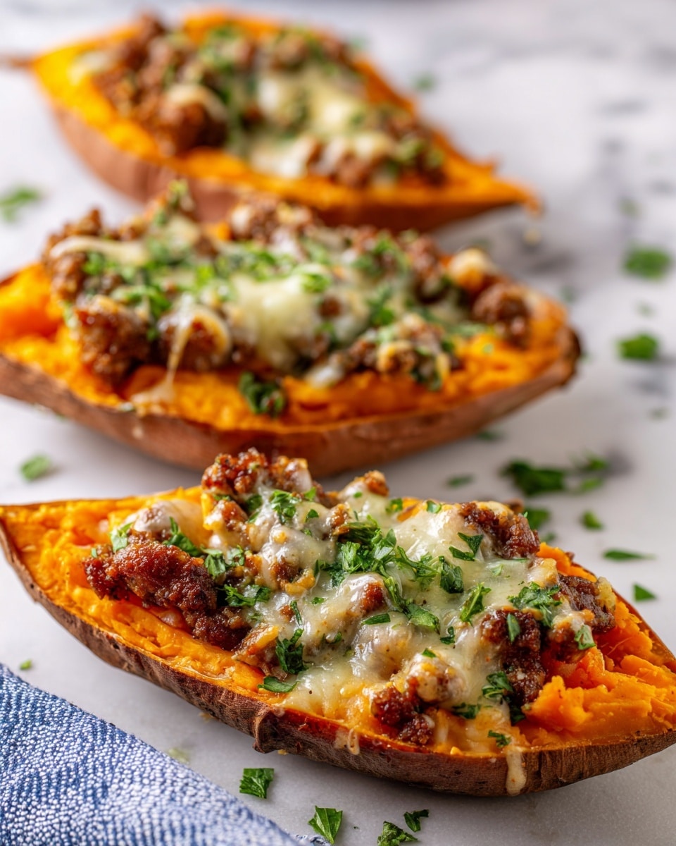 The image shows three stuffed sweet potato halves arranged in a close group on a white marbled surface. Each sweet potato is cut lengthwise, with a smooth, bright orange base layer of cooked sweet potato flesh visible. On top of this orange layer, there is a chunky, browned ground meat mixture with bits of green leafy vegetables mixed in. The meat mixture is covered with a melted, slightly browned layer of creamy white cheese that looks bubbly and soft. Small green herb pieces are sprinkled lightly on top and around the potatoes for garnish. Photo taken with an iphone --ar 4:5 --v 7