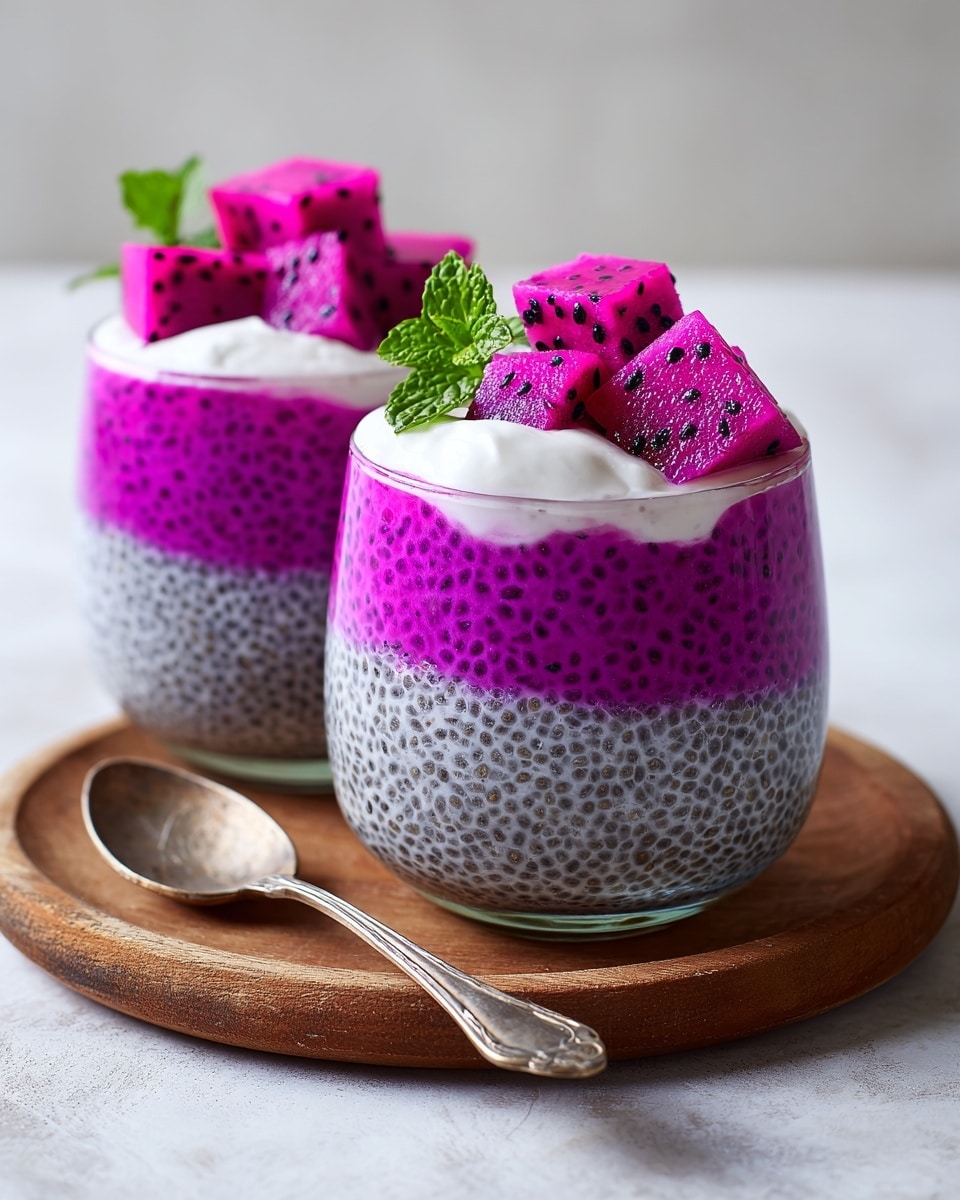 The image shows two clear glass cups filled with a bright pink chia pudding that has small black chia seeds evenly spread throughout, making up the first thick layer. On top of the pink chia pudding is a thick, dark layer of black chia seeds soaked to make a gel-like texture. Above this, there is a small dollop of white creamy yogurt or cream. The top is decorated with two bright pink dragon fruit pieces with black seeds and a fresh green mint leaf on each cup. The front cup is placed on a white plate with a wooden rim, with an old silver spoon resting on the plate. The background is a smooth white marbled texture, giving a clean and fresh look. Photo taken with an iphone --ar 4:5 --v 7