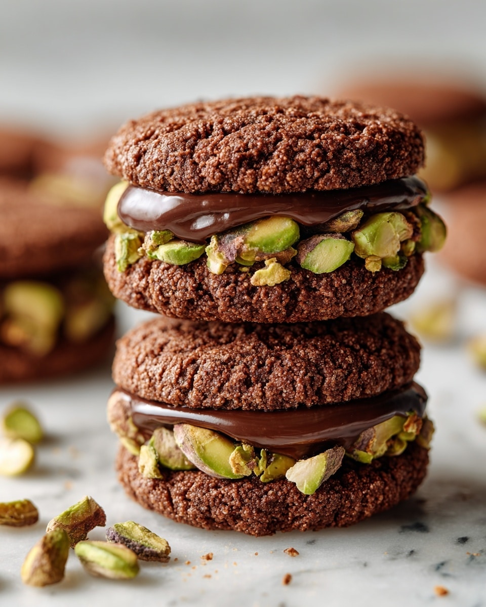 Three stacked dark brown chocolate cookies with a rough, cracked texture on top are filled with layers of whole and crushed green pistachios and glossy dark chocolate spread visible between each cookie. The cookies have some scattered pistachio crumbs on top and around them on a white marbled surface, with a soft blurred background to highlight the stack. photo taken with an iphone --ar 4:5 --v 7