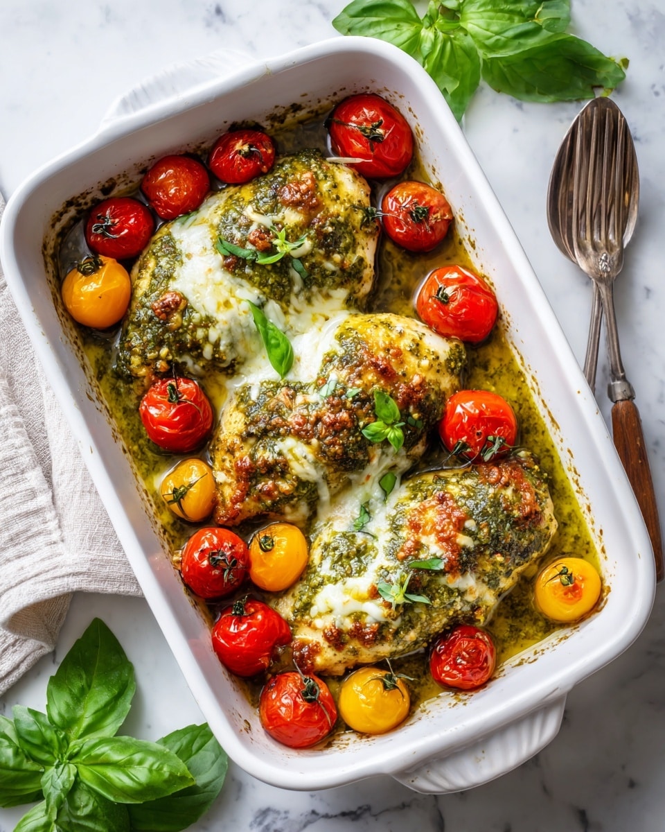 A white baking dish holds three pieces of baked chicken breast topped with melted, slightly browned cheese and coated in a green herb sauce. Around the chicken, there are halved roasted red and yellow cherry tomatoes showing a soft, slightly charred inside. Small golden roasted potatoes are scattered among the tomatoes and chicken. Fresh green basil leaves are sprinkled on top of the chicken, adding a fresh touch. The dish sits on a white marbled surface with a fork and some whole tomatoes in the background, along with a blue cloth partially visible on the side. Photo taken with an iphone --ar 4:5 --v 7