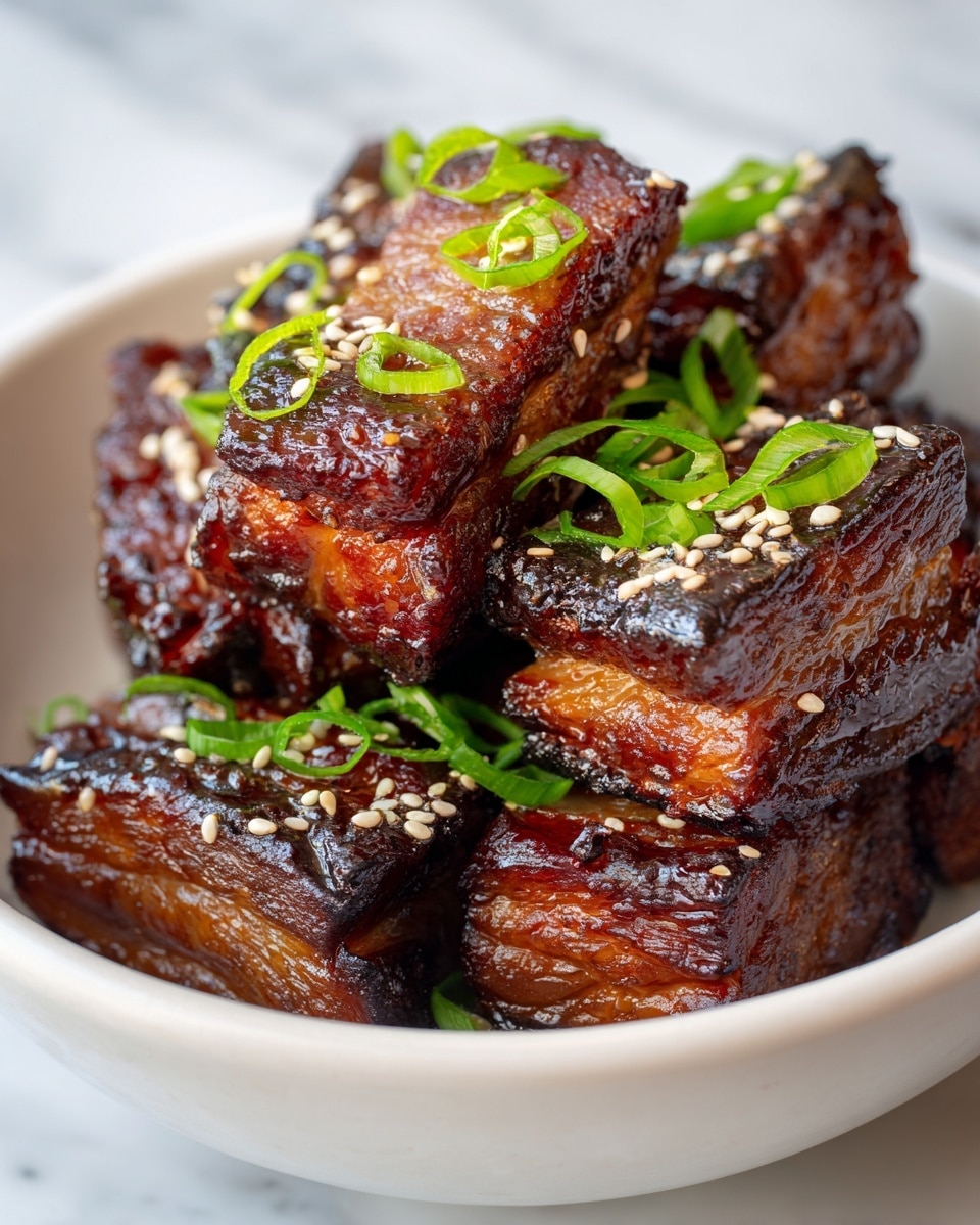 A close-up view of glazed, grilled pork belly pieces stacked in a white bowl, each piece showing a shiny, dark brown caramelized outer layer with a slightly charred texture and pinkish inner meat. The pork belly pieces are garnished with white sesame seeds and bright green chopped scallions scattered evenly on top. The bowl is placed on a wooden surface with a white marbled texture in the background, enhancing the rich colors of the pork belly. photo taken with an iphone --ar 4:5 --v 7