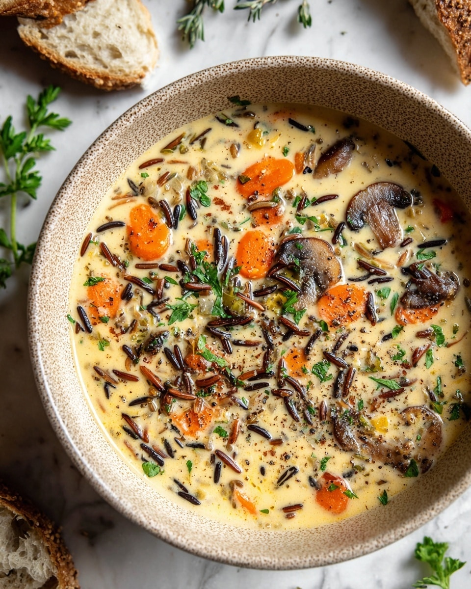 A bowl of creamy soup filled with three main layers: the base layer is light beige cream broth, with soft-textured orange carrot slices dispersed evenly across the bowl; the second layer contains small pieces of dark brown mushrooms and wild rice grains, adding texture and contrast; the top layer is sprinkled with chopped green parsley and ground black pepper, adding freshness and a touch of color. The bowl itself is round and has a speckled brown edge, placed on a white marbled surface with a small pumpkin and some green parsley leaves nearby. Photo taken with an iphone --ar 4:5 --v 7