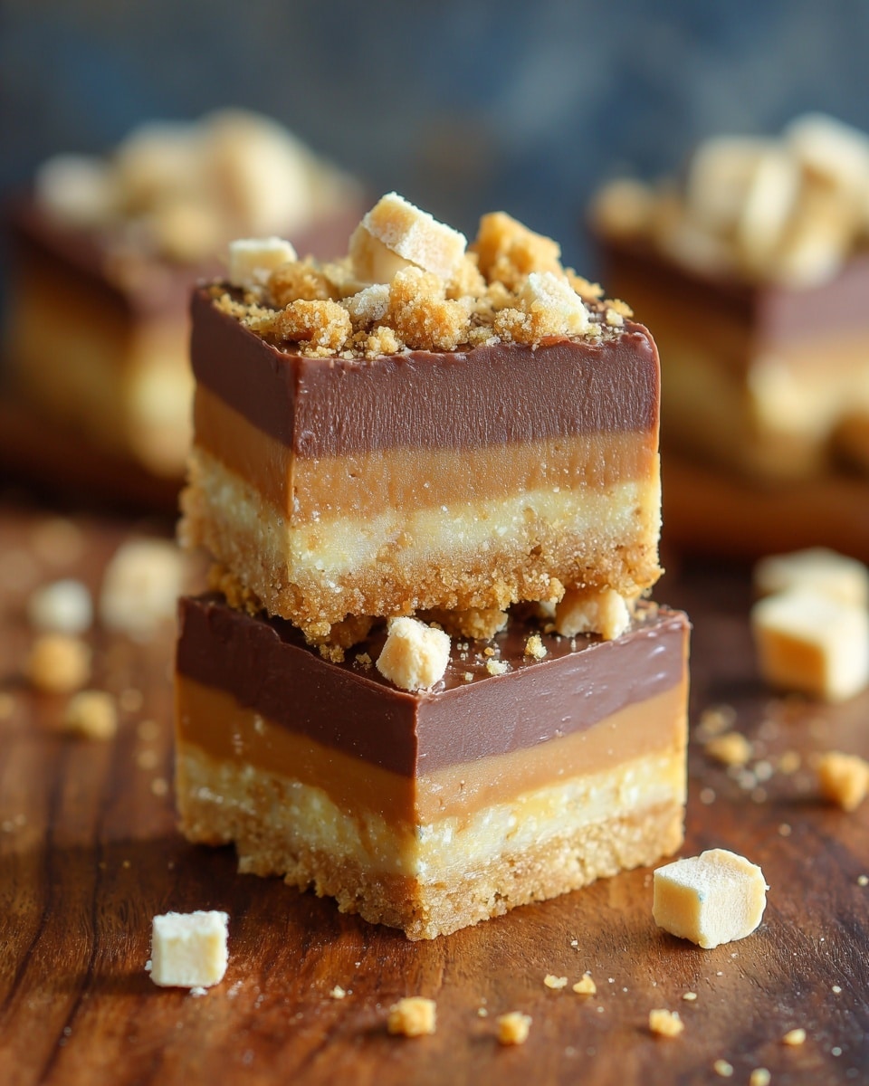 This image shows two square bars stacked on top of each other, each bar has three layers: a bottom layer of light golden crumbly base, a middle layer of rich smooth milk chocolate, and a top layer of crumbled light brown sugar bits scattered unevenly with small light tan cubes on top. The bars are placed on a dark wooden surface with more small light tan cubes scattered around. In the blurred background, there are two more bars placed flat. Photo taken with an iphone --ar 4:5 --v 7