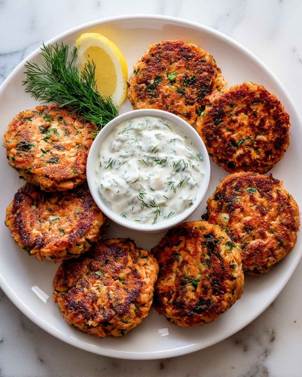 The image shows a white plate with eight golden-brown fish cakes arranged in a round shape, each having a slightly crispy outer texture with visible green herbs mixed inside. In the center of the plate sits a small white bowl filled with creamy white tartar sauce studded with small green herbs. To the side of the bowl, there is a wedge of bright yellow lemon and a small bunch of fresh green dill. The plate is placed on a white marbled surface, giving a clean and fresh look. photo taken with an iphone --ar 4:5 --v 7