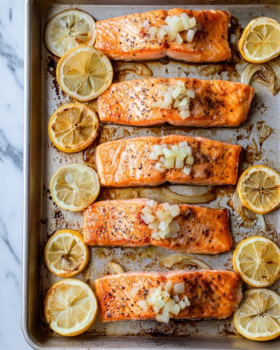 The image shows six baked salmon fillets arranged closely on a metal baking tray, each fillet topped with caramelized onions and sprinkled with black pepper and herbs. Around the salmon pieces are lemon wedges, some slightly roasted, adding a mix of yellow and light brown tones. The salmon is a light orange color with grill marks and a slightly crispy texture, while the onions on top are translucent and golden. The tray has some oil and small browned bits around the fish, giving a cooked and juicy impression. The background is out of focus, with a warm indoor lighting effect. photo taken with an iphone --ar 4:5 --v 7