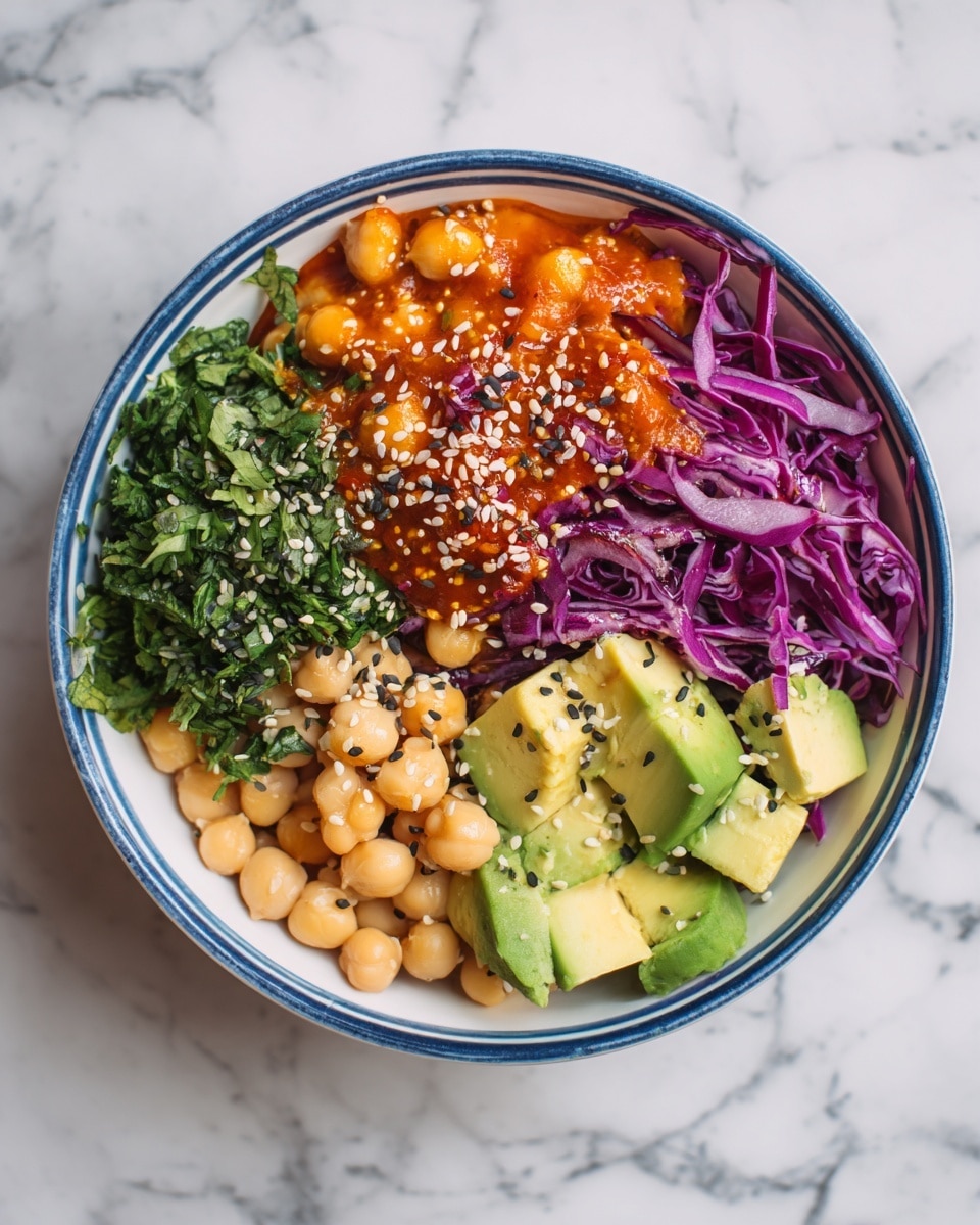 A white bowl with a blue rim holds a colorful dish with five distinct sections arranged side by side. Starting from the top left, there is a layer of fresh chopped green herbs with a leafy texture. Next to it on the right, there is a bright orange mashed mixture topped with white and black sesame seeds. Below it, on the bottom right, there are small chunks of light green avocado with a soft, creamy texture. At the bottom center, there is a pile of round, beige chickpeas sprinkled with spices. On the bottom left, there is a portion of finely shredded purple cabbage also sprinkled with sesame seeds. The bowl sits on a white marbled surface. Photo taken with an iphone --ar 4:5 --v 7