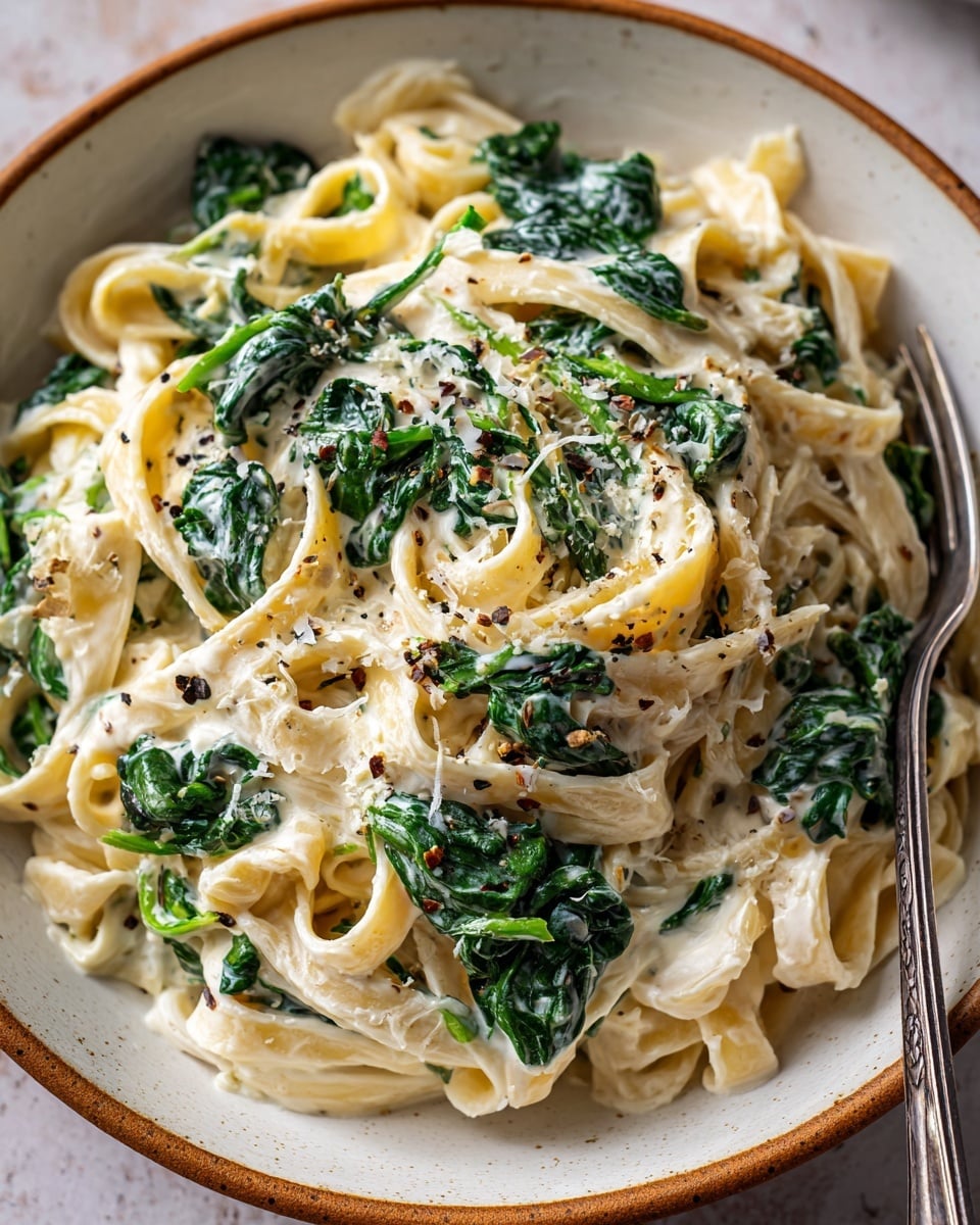 The dish shows a close-up of creamy fettuccine pasta mixed with spinach, served in a white bowl with a light brown rim. The pasta noodles are flat and yellow, covered in a thick, white cream sauce with small pieces of dark green spinach leaves spread throughout. The top is lightly sprinkled with black pepper, adding small dark specks on the creamy surface. A fork is partially visible resting on the side of the bowl. The white bowl sits on a white marbled surface. photo taken with an iphone --ar 4:5 --v 7
