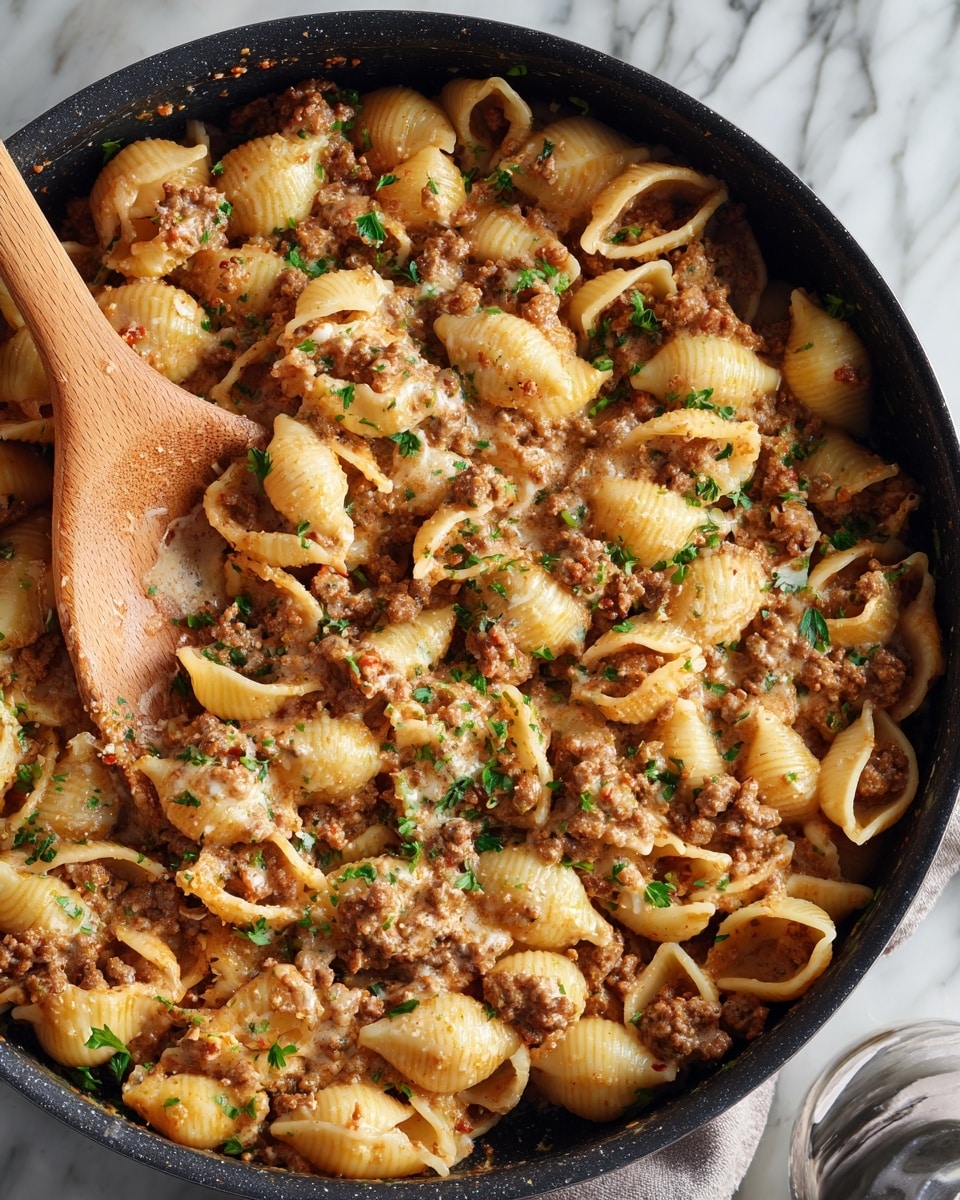 The image shows a close-up of a black pan filled with cooked shell pasta mixed with a thick meat sauce. The pasta is light golden with a slightly glossy texture, while the meat sauce is rich and chunky with browned ground meat and small bits of herbs. The sauce coats the pasta evenly, filling the shells and creating a mixture of rough and smooth textures. There are small green herb pieces sprinkled throughout, adding color contrast. The pan sits on a surface with a white marbled texture, and the background is softly blurred. Photo taken with an iphone --ar 4:5 --v 7