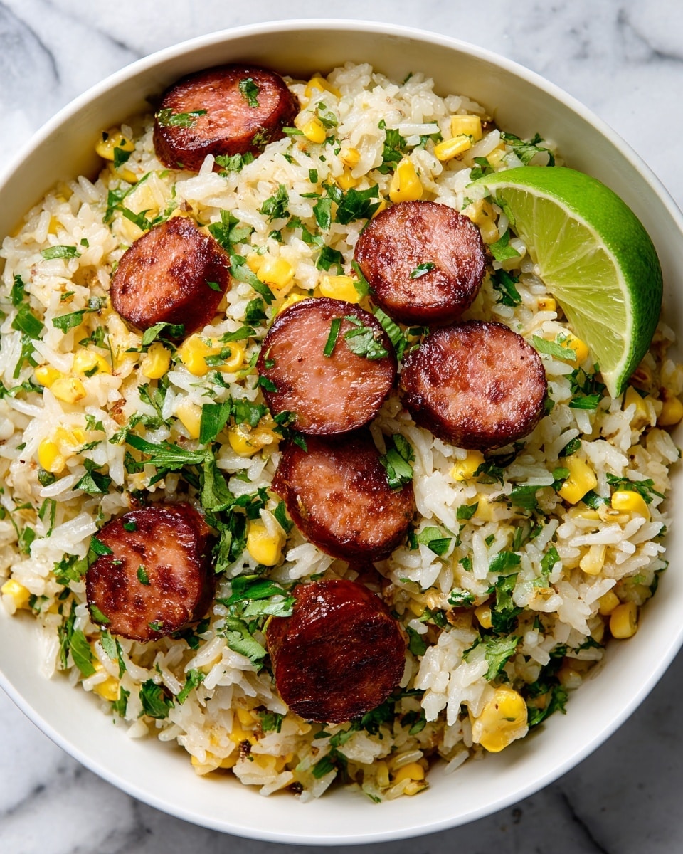 A close-up of a bowl filled with a colorful dish made up of several layers. The bottom layer is fluffy orange rice mixed with yellow corn kernels, creating a warm base. On top of the rice, slices of cooked sausage are spread evenly, each piece round and browned with a slightly crispy texture. Fresh green chopped herbs are scattered all over the top, adding a pop of color. A wedge of green lime rests on the edge of the bowl, hinting at fresh flavor. The bowl is white, and it sits on a white marbled surface, enhancing the vibrant colors of the food. Photo taken with an iphone --ar 4:5 --v 7