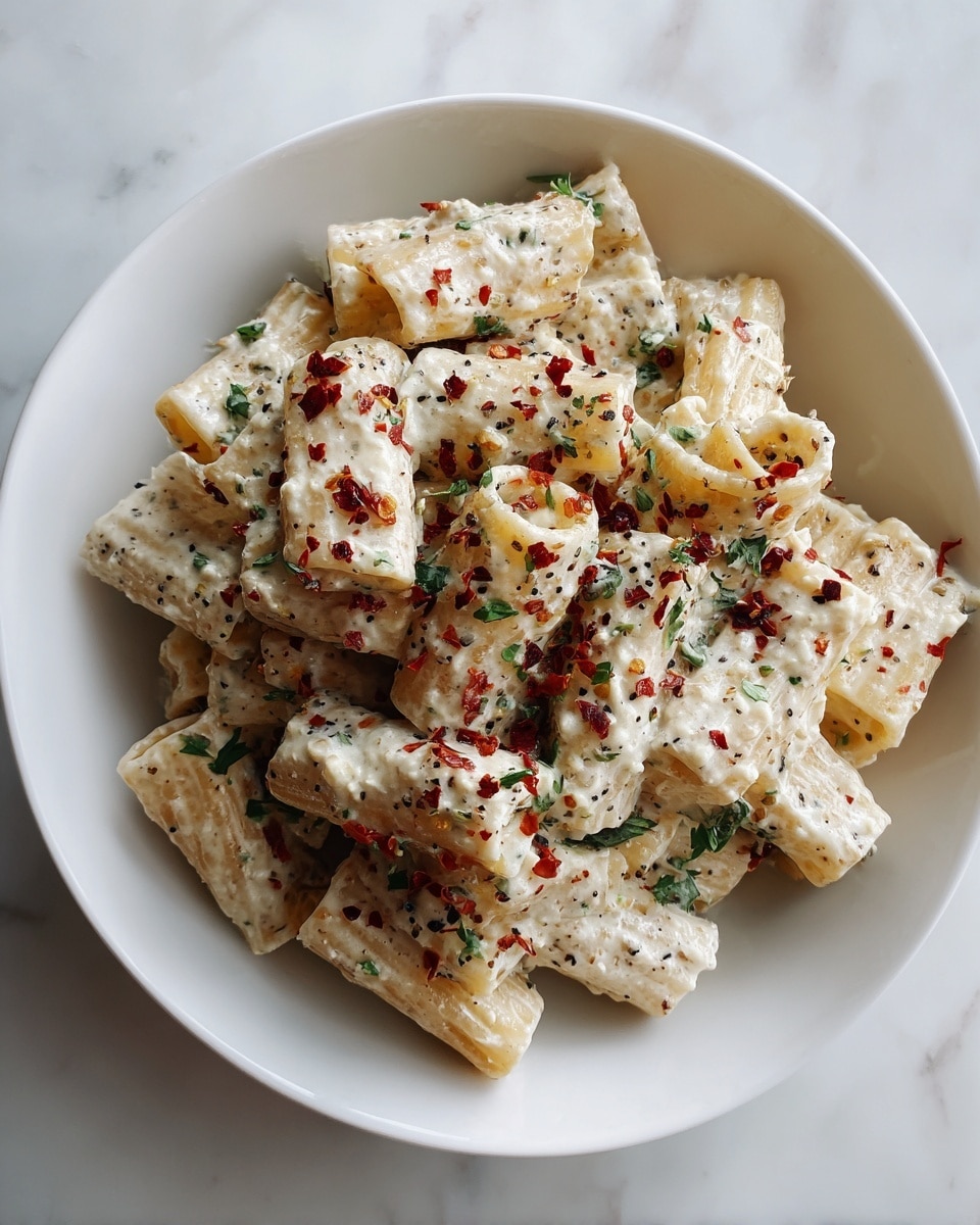 The image shows a plate of short, tube-shaped pasta covered in a thick white sauce rich with visible herbs and spices. The pasta serves as the bottom layer, pale yellow and smooth, partially covered by a creamy sauce with specks of black and green herbs. On top, there are small bits of red seasoning and finely chopped green herbs scattered evenly, adding a pop of color. The food sits on a round white plate on a white marbled surface. Photo taken with an iphone --ar 4:5 --v 7