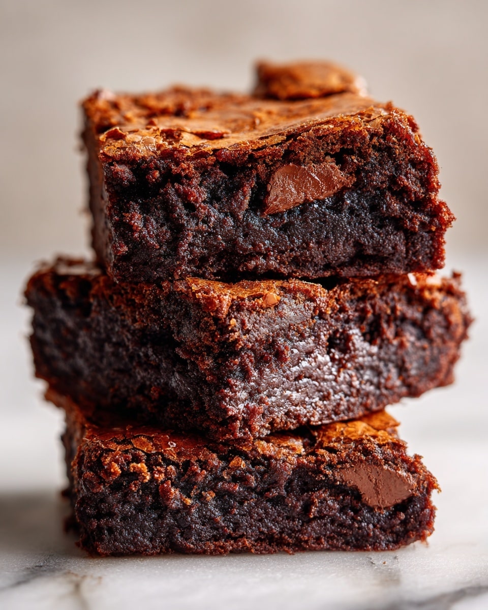The image shows two square pieces of moist, dense chocolate cake stacked on top of each other on a white marbled surface. The cake has a dark brown color with a slightly crumbly texture, and the top layer appears to have small orange-brown bits, possibly carrots or nuts, giving it a textured look. The close-up view highlights the moist inside and the rough, slightly crumbly edges of the cake. photo taken with an iphone --ar 4:5 --v 7