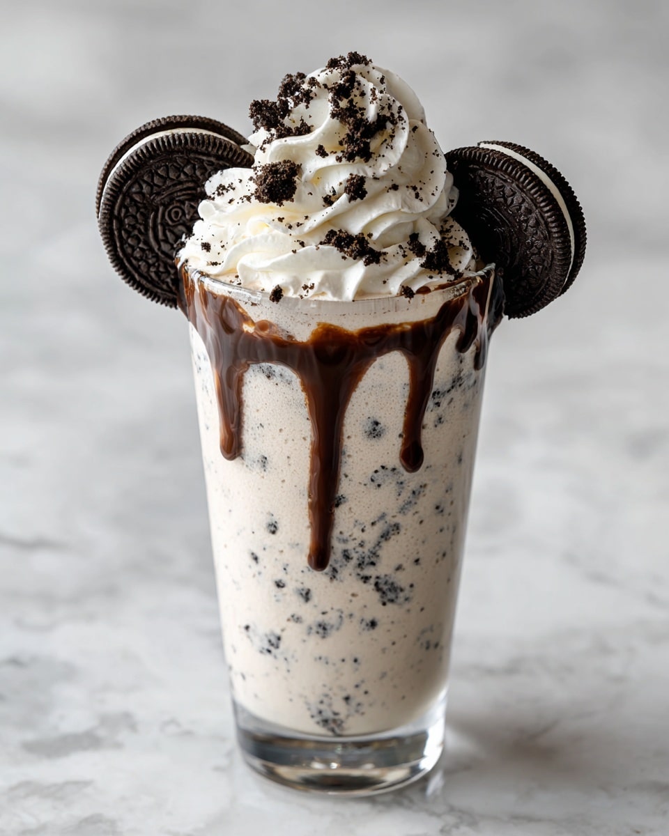 The image shows a tall clear glass filled with a creamy, light beige milkshake that has small dark cookie bits mixed inside. Thick dark chocolate sauce drips down the inner sides of the glass. On top, there is a generous swirl of white whipped cream sprinkled with small cookie crumbs. Two whole dark chocolate sandwich cookies are placed upright, leaning against the whipped cream. The setting is a white marbled surface with a blurred background. Photo taken with an iphone --ar 4:5 --v 7