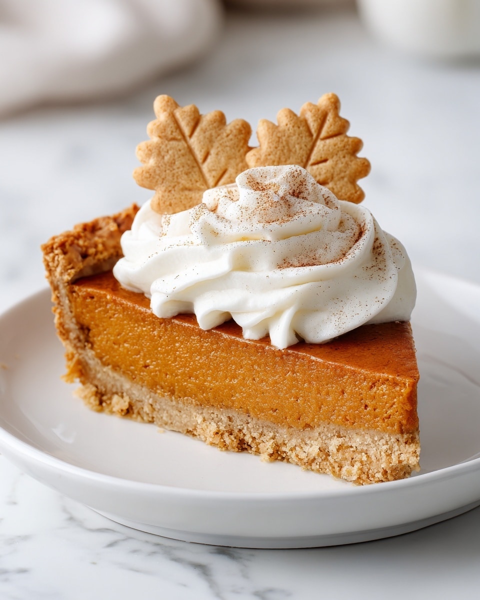 A slice of pumpkin pie with a smooth, orange-brown filling sits on a white plate with a white marbled texture background. The pie has a golden-brown crust at the base and edges. On top, there is a swirl of white whipped cream in the center, dusted lightly with cinnamon powder. Around the edge of the slice, three small cookie shapes look like brown leaves with detailed veins, adding a decorative touch. photo taken with an iphone --ar 4:5 --v 7