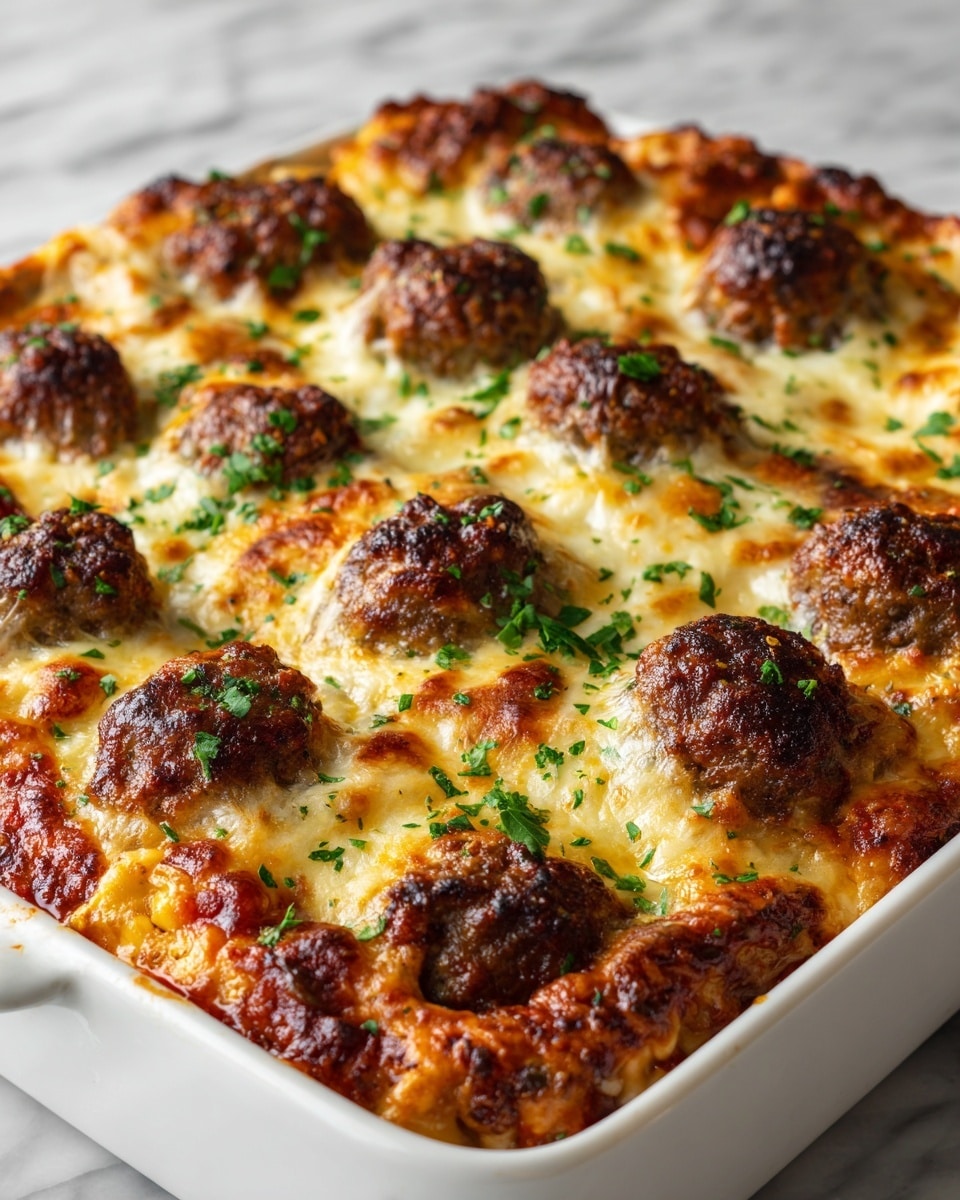The image shows a close-up view of a baked dish with multiple meatballs arranged in layers inside a white dish. The top layer is golden brown melted cheese with some crispy edges, and green parsley leaves sprinkled evenly over the cheese. Underneath, you can see rich tomato sauce with a smooth texture, slightly bubbling around the meatballs. The meatballs themselves are brown with a textured surface showing their cooked, juicy interior. The dish sits on a white marbled surface, and the overall look is warm and inviting. photo taken with an iphone --ar 4:5 --v 7