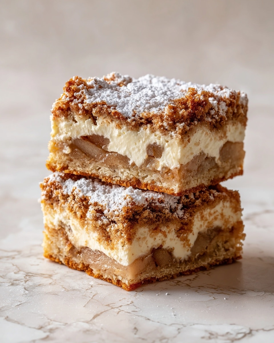 The image shows two square dessert bars stacked on top of each other on a white marbled surface. Each bar has three layers: a crumbly golden-brown base, a middle layer with visible chunks of light yellow apple, and a crumbly top layer dusted with powdered sugar. The texture looks soft with visible pieces of apple inside. The bars have a slightly rough and crumbly edge. photo taken with an iphone --ar 4:5 --v 7