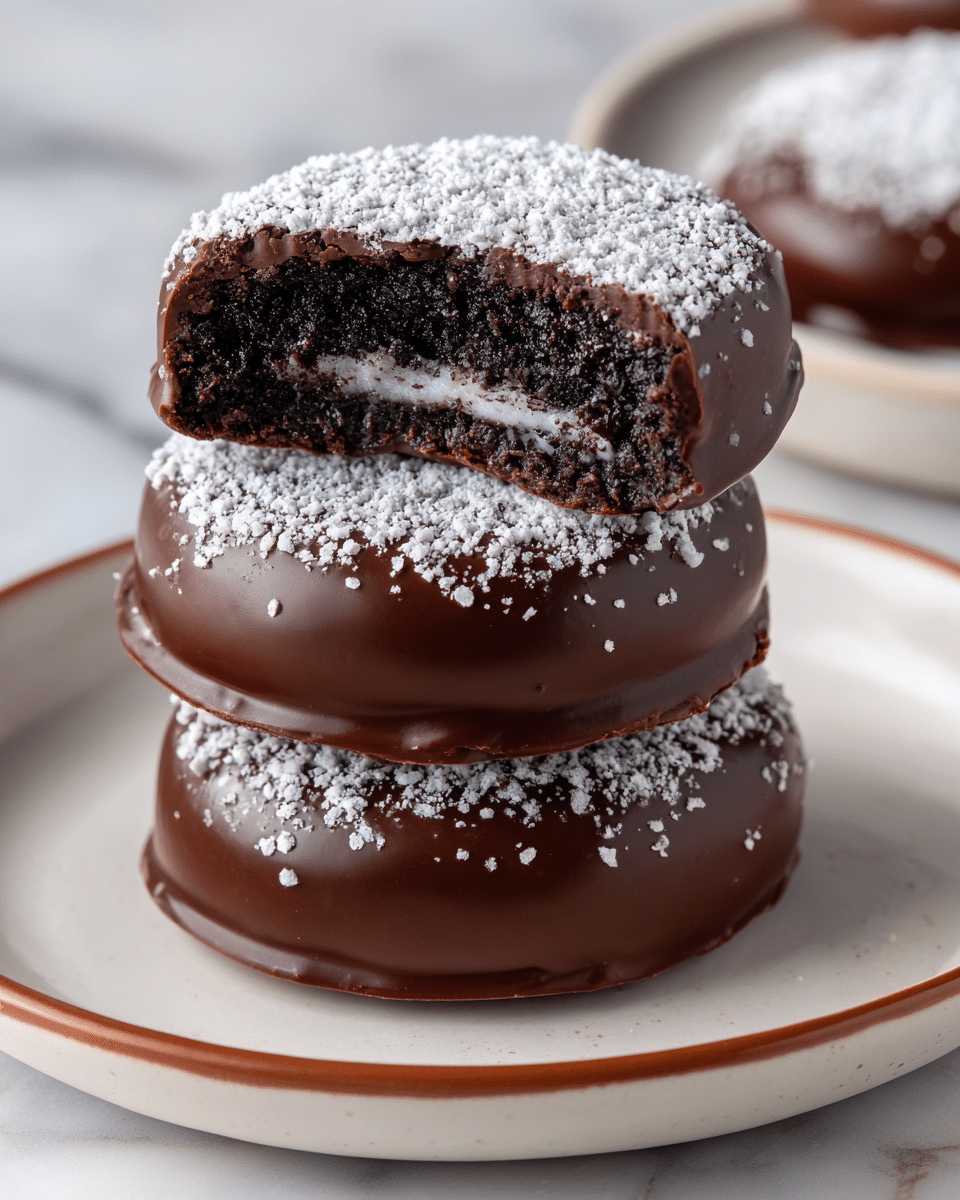 The image shows three round chocolate-covered cake balls stacked in a pyramid shape on a white plate. The top cake ball is cut in half, revealing a dark, moist chocolate cake inside with a soft and slightly crumbly texture. The outer layer of all cake balls is smooth and shiny chocolate coating, while the top half is dusted with white powdered sugar that contrasts with the dark cake beneath. The plate sits on a white marbled surface, with some small chocolate chips scattered nearby. photo taken with an iphone --ar 4:5 --v 7