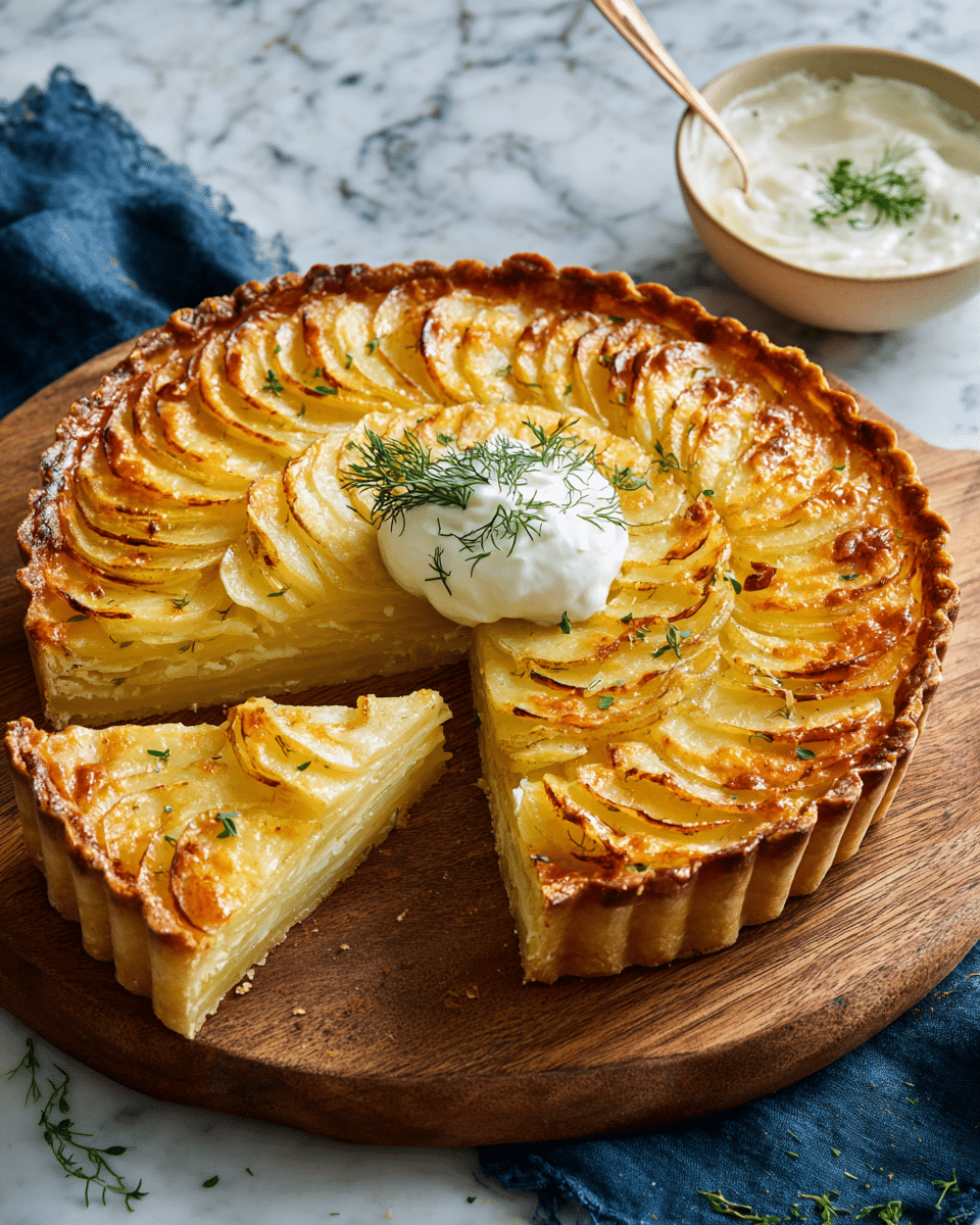 This image shows a golden-brown pie with a rustic, crimped crust on the edges. The top layer is made of shiny, thinly sliced vegetables that are baked until slightly crispy and browned. One slice is cut out, revealing soft, creamy layers of light green vegetable pieces inside, mixed with herbs. On top of the pie sits a dollop of white cream garnished with a small sprig of green dill. The pie is placed on a round wooden board set on a white marbled texture and a small bowl of creamy white dip with dill on top is positioned nearby. photo taken with an iphone --ar 4:5 --v 7