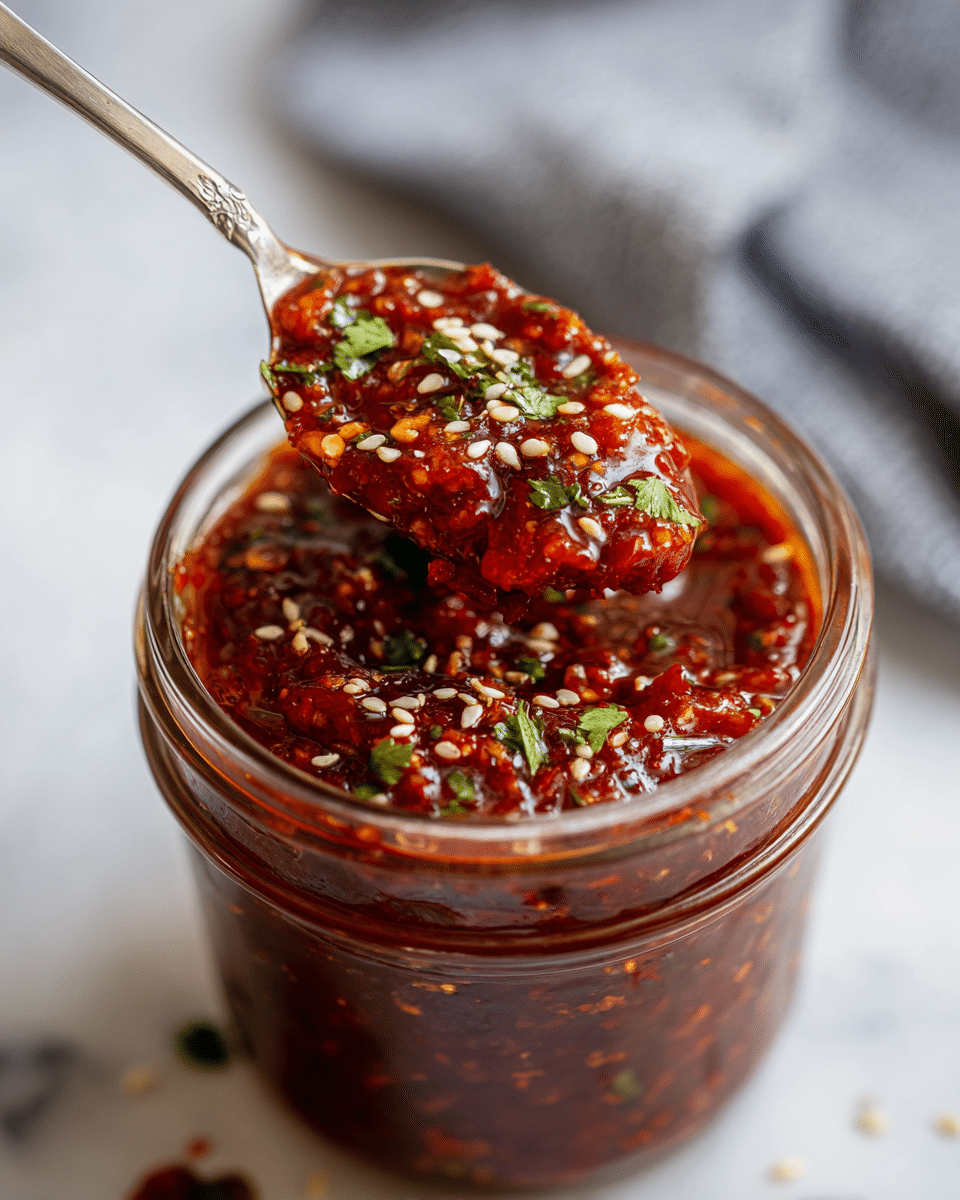 A close-up top view of a dark glass jar filled with thick, chunky deep red sauce textured with small vegetable pieces. A metal spoon lifts some sauce from the jar, showing the sauce’s coarse texture and rich color. The sauce is topped with white sesame seeds and small green herb pieces, adding a fresh contrast. The jar rests on a white marbled surface with a faded cloth in the corner. Photo taken with an iphone --ar 4:5 --v 7