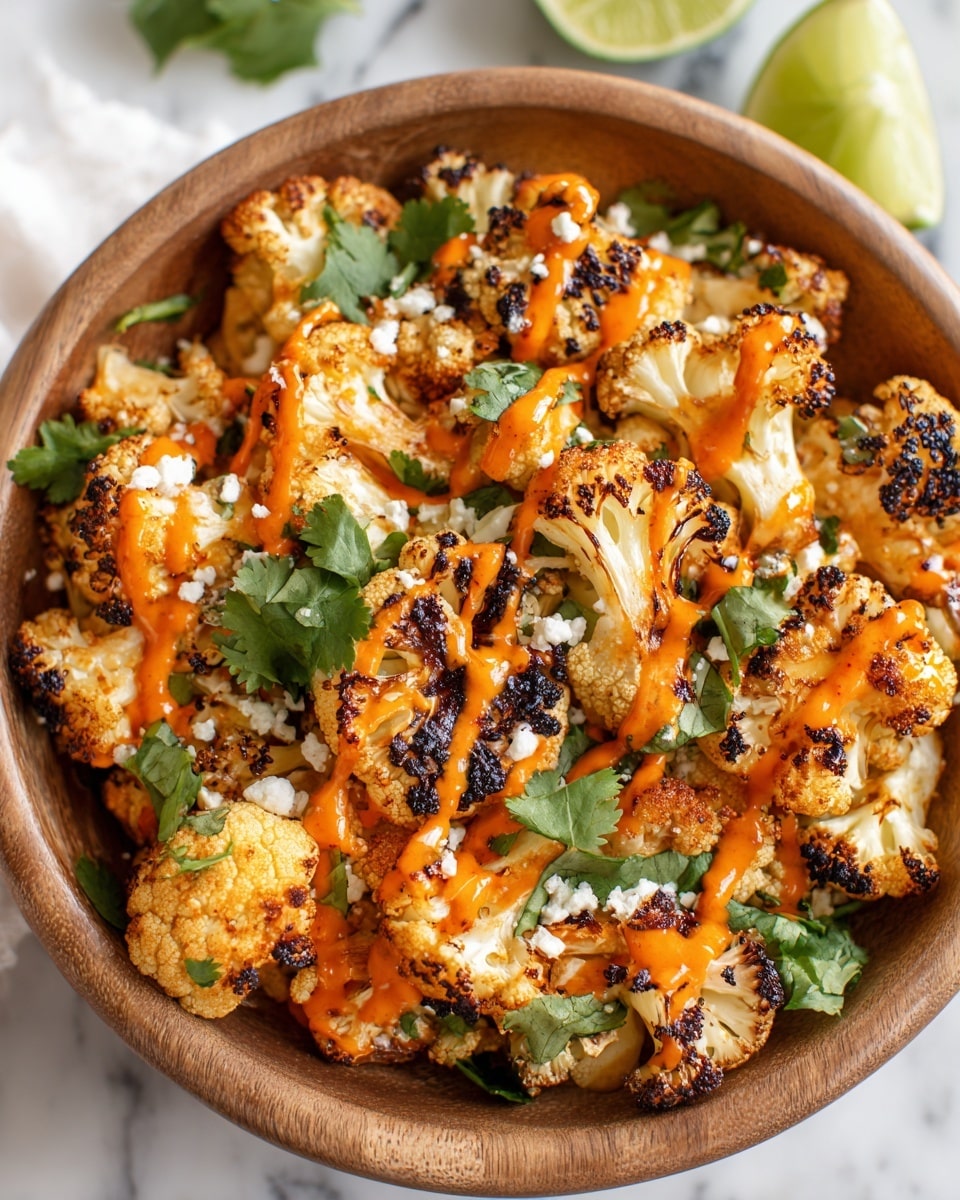 A wooden bowl filled with one main layer of roasted cauliflower florets that are golden with dark charred spots and uneven textures. The florets are drizzled unevenly with a bright orange sauce and sprinkled with small white crumbles. There are fresh green cilantro leaves scattered on top, adding touches of green color. The bowl is placed on a white marbled surface, with partial lime halves blurred in the background. Photo taken with an iphone --ar 4:5 --v 7