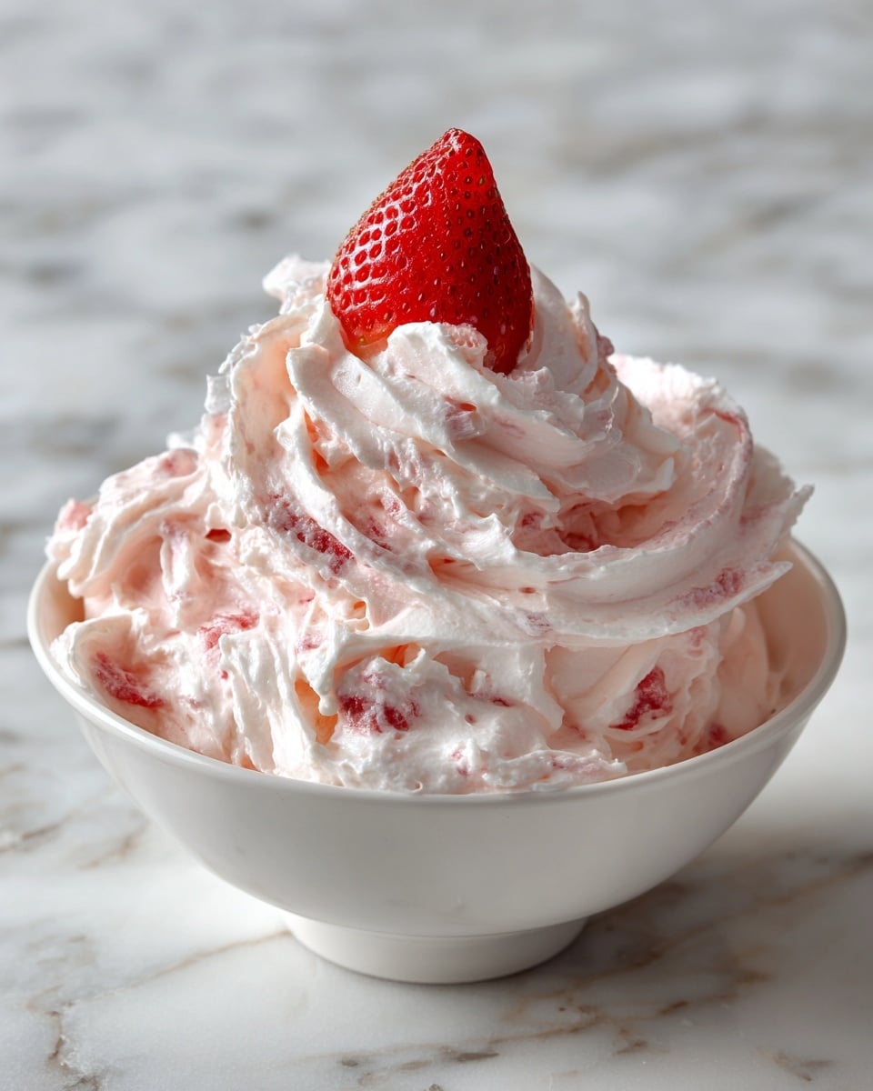 A white bowl holds a fluffy pink whipped mixture with visible red strawberry pieces mixed throughout. The dessert is heaped high in a rough, creamy texture with a small strawberry wedge placed on top as a garnish. The bowl has a delicate pattern around the outside and sits on a white marbled surface. photo taken with an iphone --ar 4:5 --v 7
