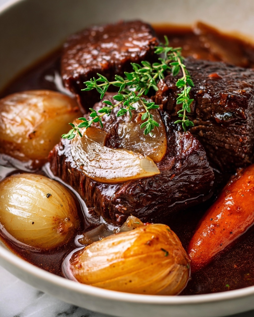 A close-up of a bowl filled with a rich stew showing two thick, dark brown pieces of tender beef topped with cooked translucent onion slices and a small sprig of fresh green thyme. The stew has a deep brown sauce surrounding vibrant orange baby carrots and large, soft, yellowish onions placed around the meat. The bowl is white and sits on a white marbled surface. The lighting highlights the textures of the meat and vegetables, making the dish look warm and hearty. Photo taken with an iphone --ar 4:5 --v 7