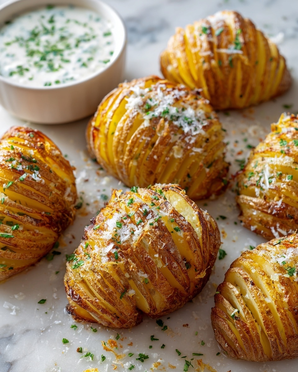 The image shows several golden-brown hasselback potatoes arranged closely together with thin, evenly spaced slices creating a layered effect. Each potato has a crispy, slightly charred texture on the edges with a soft yellow inside visible between the slices. The potatoes are topped with grated white cheese and small green parsley flakes, adding a fresh contrast. In the background, a white bowl filled with a creamy white sauce garnished with green herbs is partially visible. The whole scene is set on a white marbled surface. Photo taken with an iphone --ar 4:5 --v 7