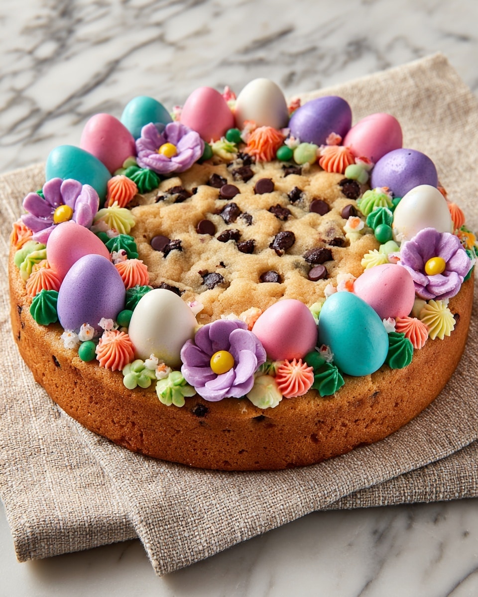 A thick, square cookie base with visible chocolate chips spread inside forms the bottom layer. On top, there is a colorful ring of large oval and small round candy eggs in pastel shades of pink, purple, blue, green, white, and cream, some with speckles. These candies sit on a bed of piped small star-shaped dollops of icing in bright colors like orange, green, yellow, and pink, creating a vibrant wreath around the cookie edge. The whole cookie rests on a textured beige cloth, which is placed on a white marbled surface. photo taken with an iphone --ar 4:5 --v 7
