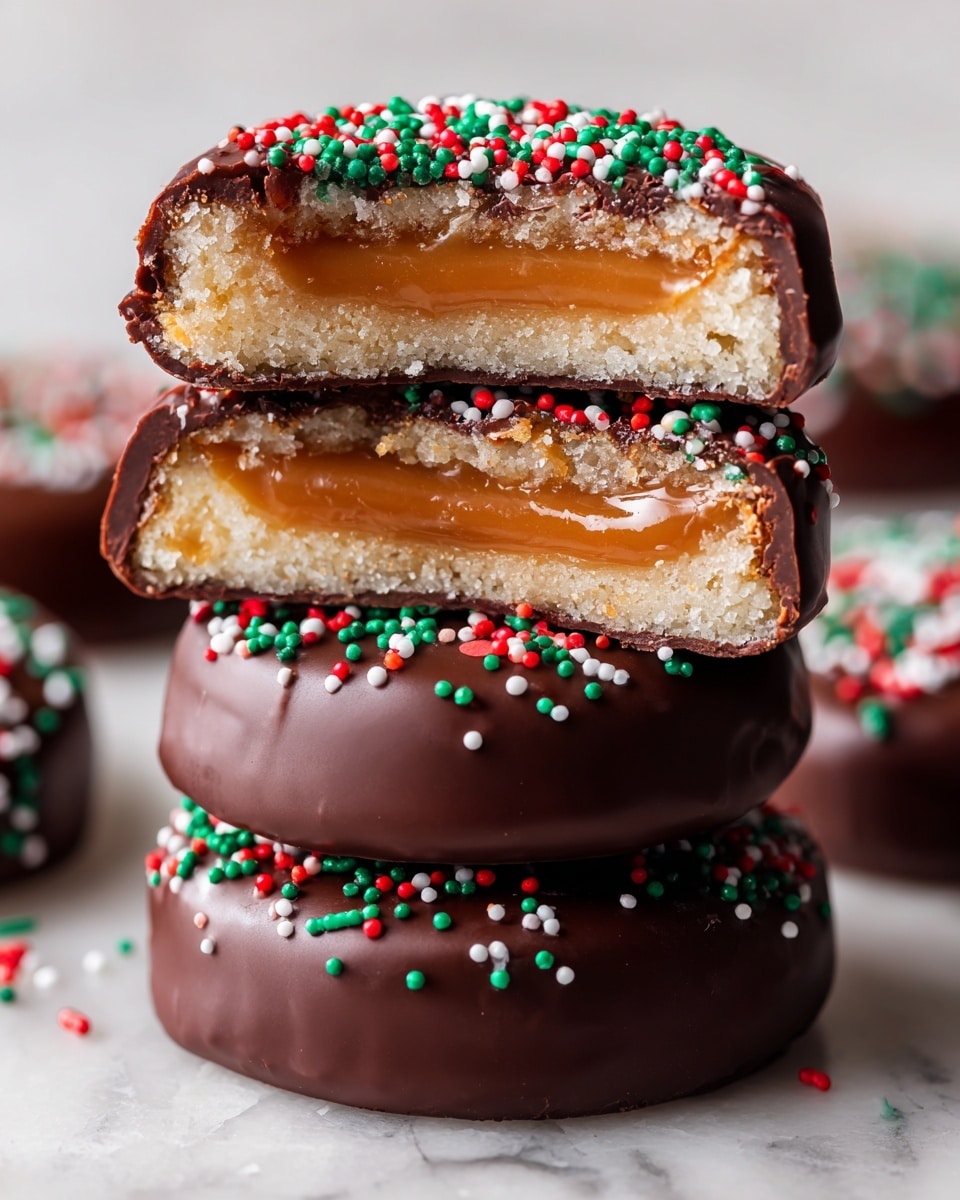 A stack of four round chocolate-covered cookies sits on a white marbled surface, with the top cookie broken in half to show a soft caramel filling inside two light beige cookie layers. The chocolate coating is smooth and shiny, with red, green, and white sprinkles scattered on top and around the stack. The sprinkles add a festive touch to the dark chocolate texture. Photo taken with an iphone --ar 4:5 --v 7