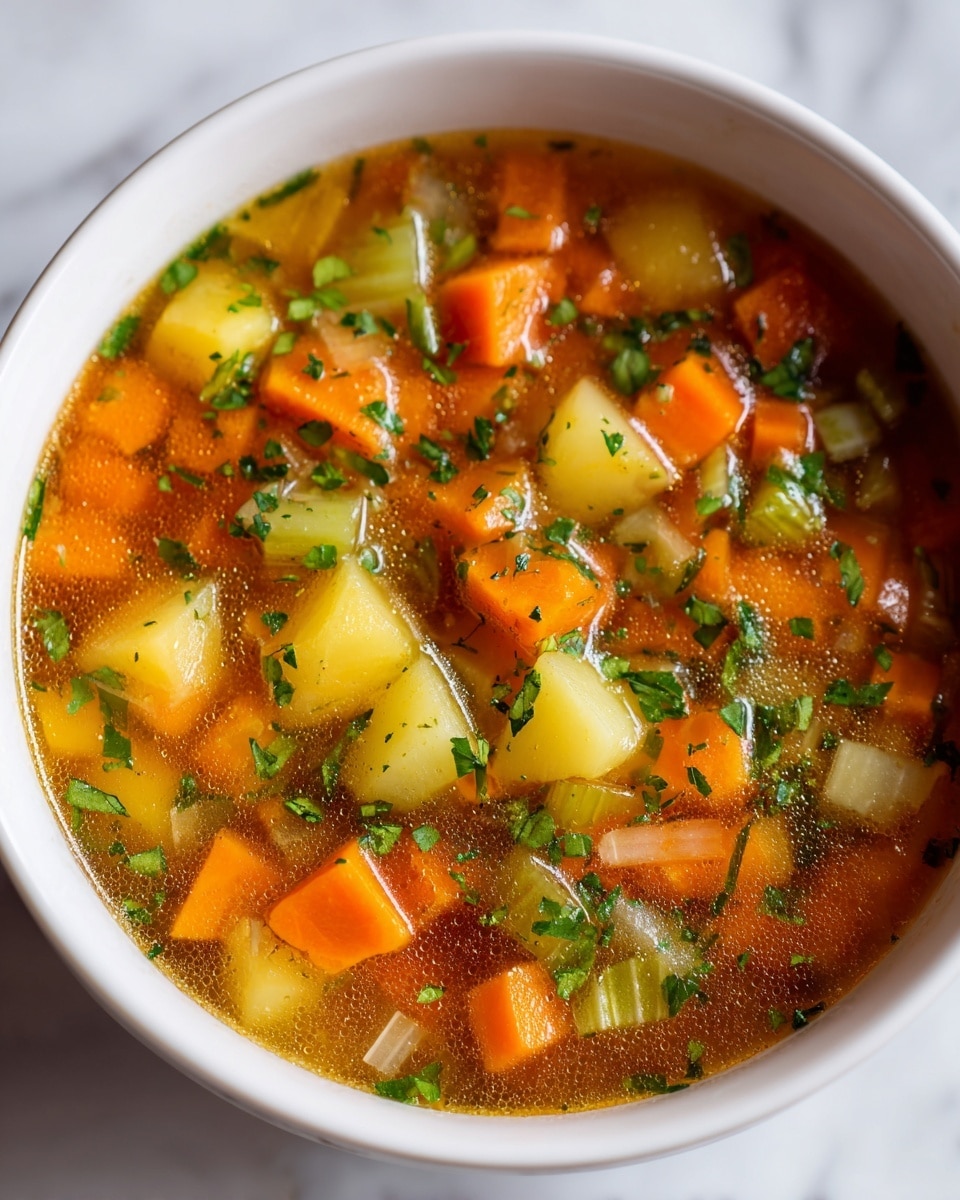 A close-up image of a hearty vegetable soup showing multiple layers of colorful ingredients. The top layer has chopped fresh green herbs sprinkled over bright orange carrot pieces and yellow potatoes, all floating in a clear brown broth. Small chunks of celery with a light green color appear mixed throughout. The textures range from soft cooked vegetables to the smooth, slightly oily surface of the broth. The soup is inside a white bowl placed on a white marbled surface. Photo taken with an iphone --ar 4:5 --v 7