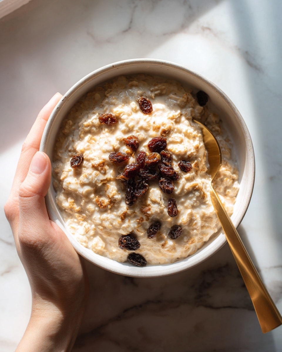 The image shows a bowl of oatmeal with a creamy texture, topped with a handful of dark raisins scattered evenly on top. The oatmeal itself is light brown with some visible oats, resting in a white bowl with natural light coming from the side. A metallic spoon is partially inside the bowl, and a woman's hand holds the bowl from the bottom. The background is a white marbled surface, giving a clean and bright look to the picture. Photo taken with an iphone --ar 4:5 --v 7