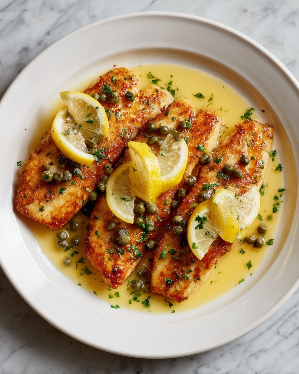 The image shows two golden-brown cooked fish fillets placed side by side in a white bowl. The fillets have a crispy texture with brown and slightly charred edges. On top of the fish, there are small green capers scattered generously, adding contrast in color. Two thin slices of yellow lemon sit above the fish in the center, adding a fresh element. The dish is topped with finely chopped green herbs, sprinkled lightly. A yellowish sauce surrounds the fish at the base of the bowl, giving a rich and creamy appearance. The bowl is set on a white marbled surface. Photo taken with an iphone --ar 4:5 --v 7