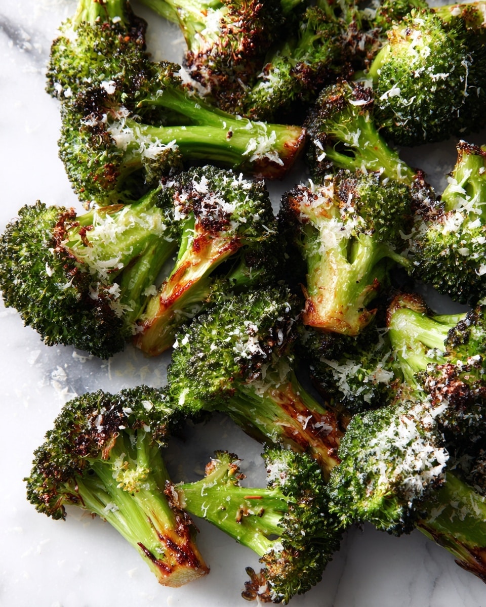 The image shows a close-up of roasted broccoli pieces on a white marbled surface. The broccoli is bright green with some parts browned and crispy from roasting. Each piece is covered with a light sprinkle of grated cheese that adds a textured, slightly melted white layer on top. The broccoli pieces are uneven in size and arranged closely together, showing a mix of smooth stems and rough, leafy tops. The lighting highlights the crispy edges and the fresh green inside of the broccoli. Photo taken with an iphone --ar 4:5 --v 7