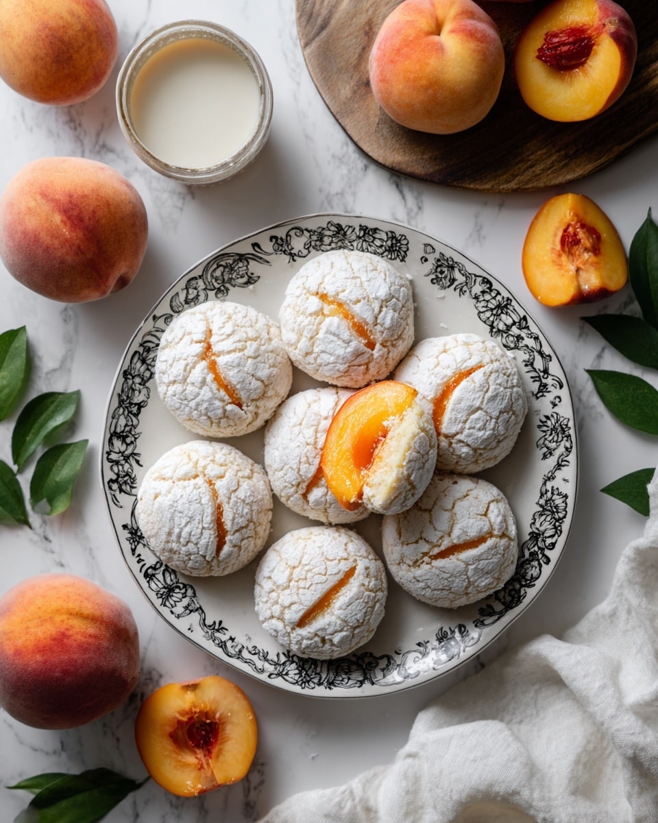 The image shows seven round cookies arranged on a dark, patterned glass plate placed on a white marbled surface. Each cookie has a light peach color with a sugar-coated, slightly cracked top layer. One cookie in the center is split open, revealing a bright yellow peach slice inside, showing two layers: the outer sugar-coated cookie shell and the inner soft peach slice. Around the plate are whole peaches with a gradient of red to yellow skin, a glass of cream, fresh green leaves, and a white cloth, all set on the white marbled surface. Photo taken with an iphone --ar 4:5 --v 7