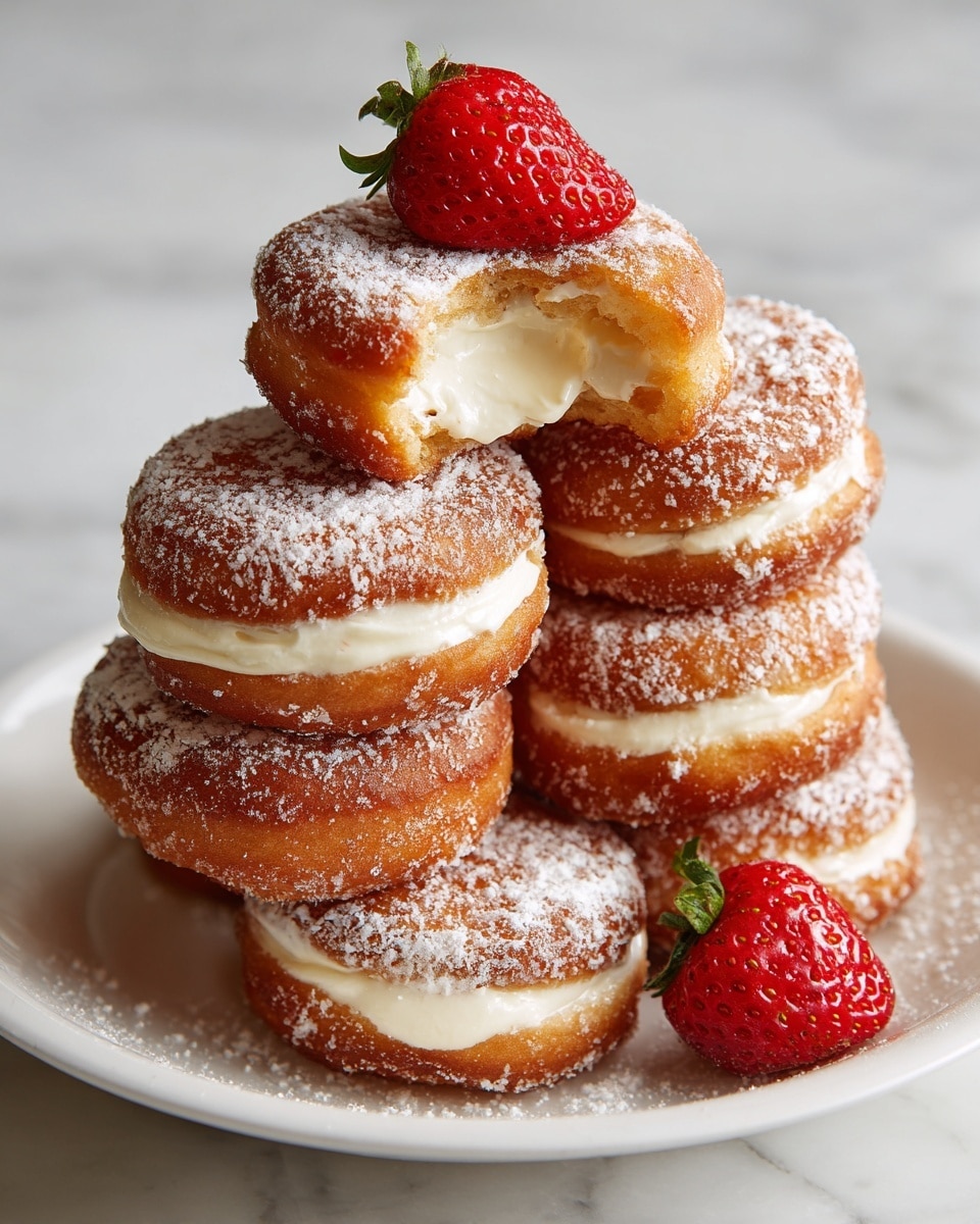 A stack of seven small round doughnuts is placed on a white plate with a white marbled surface underneath. The doughnuts have a golden-brown fried texture with a light dusting of powdered sugar on the outside. Two doughnuts in the front have bite marks revealing a creamy white filling inside, which looks smooth and thick. On the top of the stack, a single bright red strawberry adds a pop of color. The overall look is warm and inviting with a soft, fluffy texture visible around the edges of the bites. photo taken with an iphone --ar 4:5 --v 7