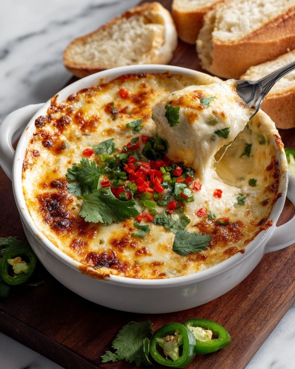 A white bowl filled with a creamy, melted cheese dip that has a golden brown crust on top, covered with scattered green cilantro leaves. In the center, there is a small pile of finely chopped red, green, and dark green vegetables adding color contrast. A spoon is scooping some of the stretchy cheese from the bowl, showing its soft texture underneath the browned surface. The bowl sits on a wooden board, with some fresh cilantro leaves and a piece of flatbread nearby, all set on a white marbled surface. Photo taken with an iphone --ar 4:5 --v 7