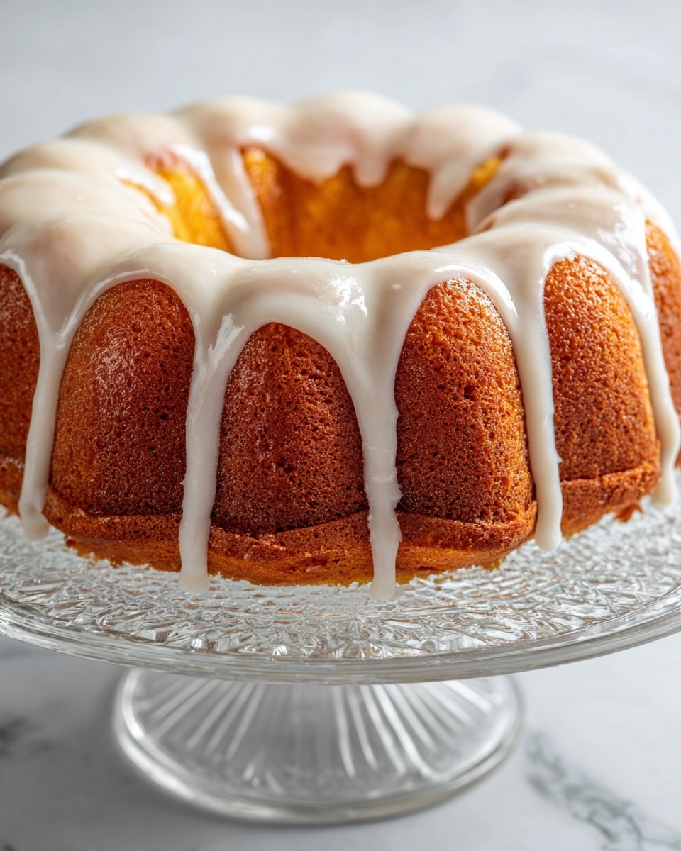The image shows a Bundt cake with a smooth, golden-brown surface and a shiny glaze on top, dripping down the sides evenly. The cake sits on a clear glass cake stand with a round base, placed on a white marbled surface. The glaze layer is creamy white with a smooth texture that contrasts with the soft, moist-looking cake beneath it. The background is softly blurred, showing light and neutral colors that keep the focus on the cake. photo taken with an iphone --ar 4:5 --v 7