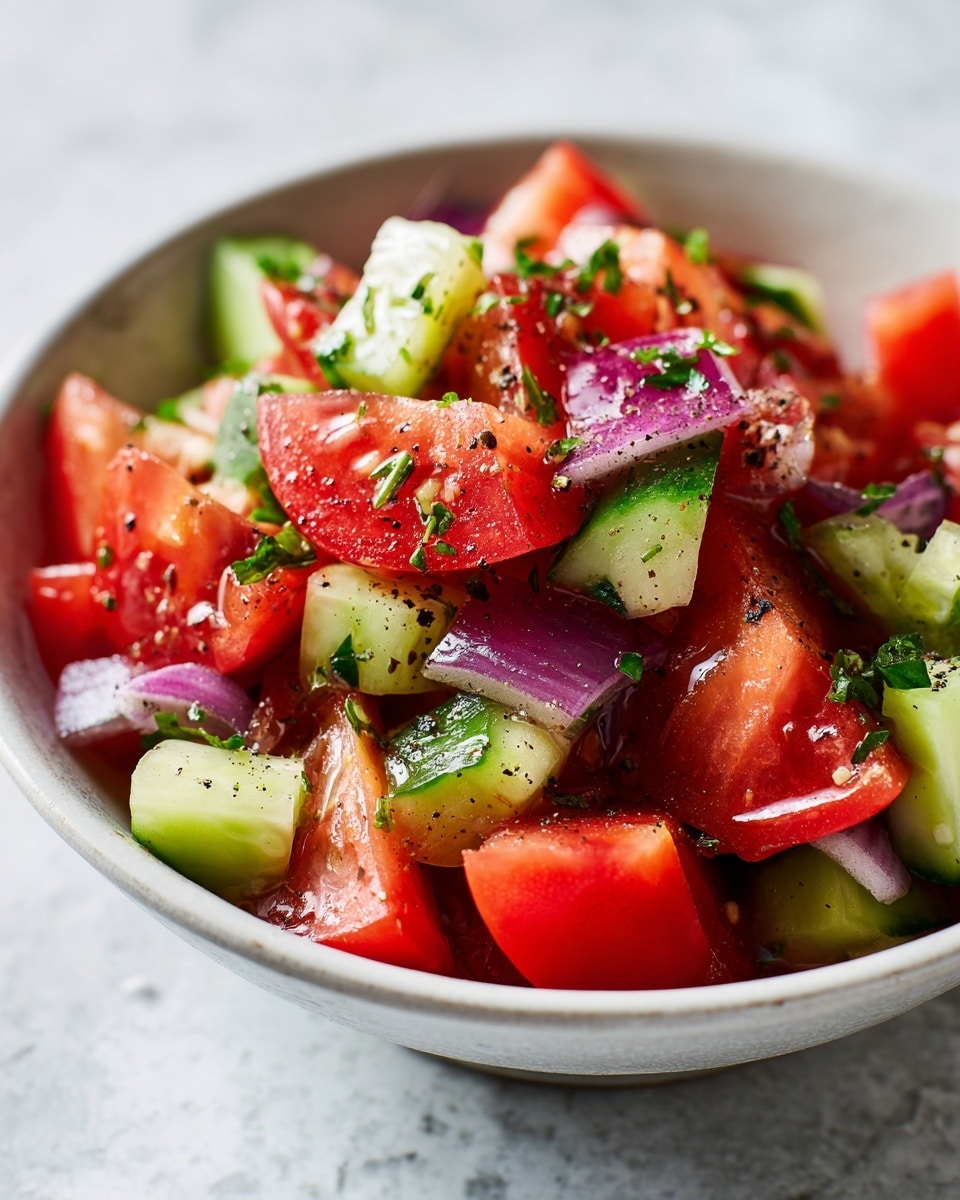 The image shows a white bowl filled with a fresh salad made of three main layers: the bottom layer is made of chopped cucumber pieces in green with light green skin, the middle layer has diced bright red tomatoes, and the top layer consists of sprinkled chopped purple onions and green herbs along with a light sprinkle of black pepper. The salad’s texture looks crisp and juicy with a mix of soft and crunchy pieces. The bowl is placed on a white marble surface. Photo taken with an iphone --ar 4:5 --v 7