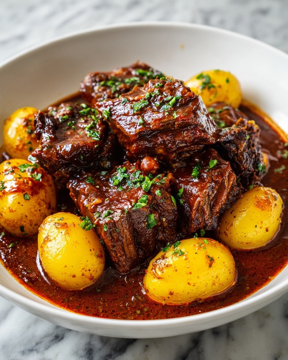 A white bowl filled with rich, dark brown pieces of braised beef on top, showing a tender texture with visible sauce glaze, surrounded by small golden brown baby potatoes at the edge. The beef is sprinkled with finely chopped green herbs, adding a fresh touch. The sauce is thick and glossy, coating both the meat and potatoes. The whole dish rests on a white marbled surface. Photo taken with an iphone --ar 4:5 --v 7