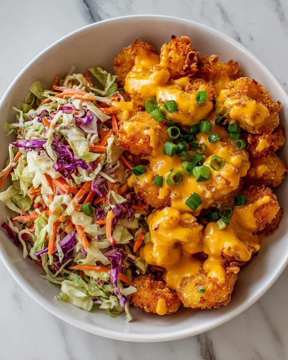 A white bowl filled with crispy golden-orange fried shrimp coated in a creamy, bright orange sauce, placed on the right side of the bowl, topped with small chopped green onions. On the left side of the bowl, there is a fresh mix of shredded cabbage, carrots, and purple cabbage, creating a colorful salad layer with light green, orange, white, and purple hues. The bowl is sitting on a white marbled surface. Photo taken with an iphone --ar 4:5 --v 7