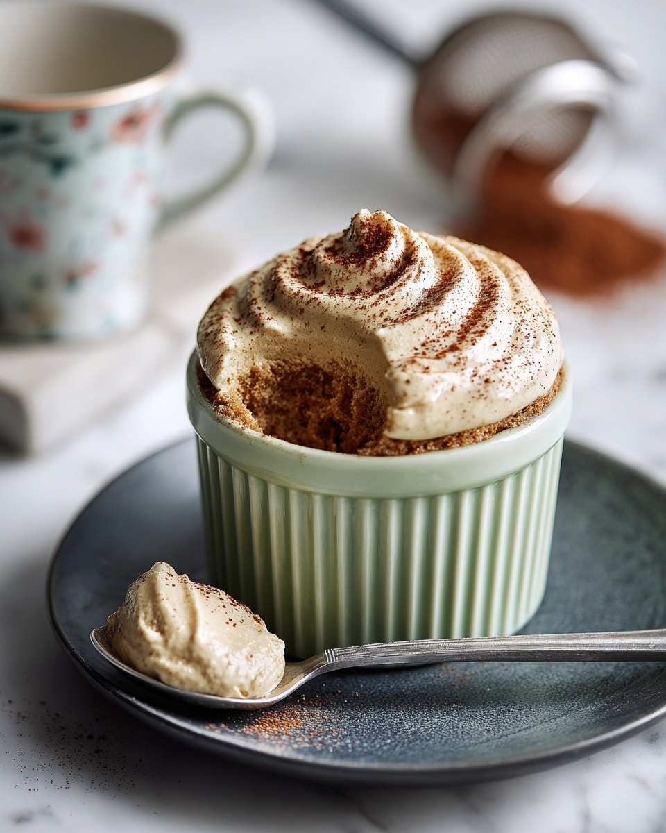 The image shows a light brown, airy chocolate mousse served in a pale green cup filled to the top with a smooth, whipped texture that has a round bite taken out from the side, revealing its spongy inside. The cup sits on a textured black plate with a silver spoon resting on it, holding a scoop of the same mousse. In the background, there is a small white bowl filled with cocoa powder and another pale green cup partially visible. All items are placed on a wooden surface with a warm tone. photo taken with an iphone --ar 4:5 --v 7