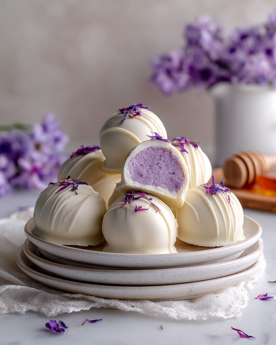 A pile of smooth white balls coated in white chocolate sits on two stacked white plates. One ball is bitten, showing a soft, light purple inside with vertical ridges. Small purple flower petals are scattered on top of the balls and around the plates. The plates rest on a soft white cheesecloth on a white marbled surface. In the background, blurred purple flowers and a wooden honey dipper add soft color touches. Photo taken with an iphone --ar 4:5 --v 7